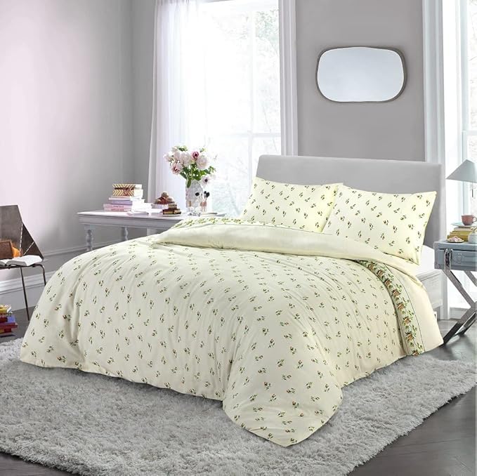Flannel Rose Bud Duvet Quilt Cover with Two Pillowcases - Soft & Warm Thermal Flannelette Floral Rosebud 100% Brushed Cotton Double Size Duvet Cover Set (200cm x 200cm) - Natural