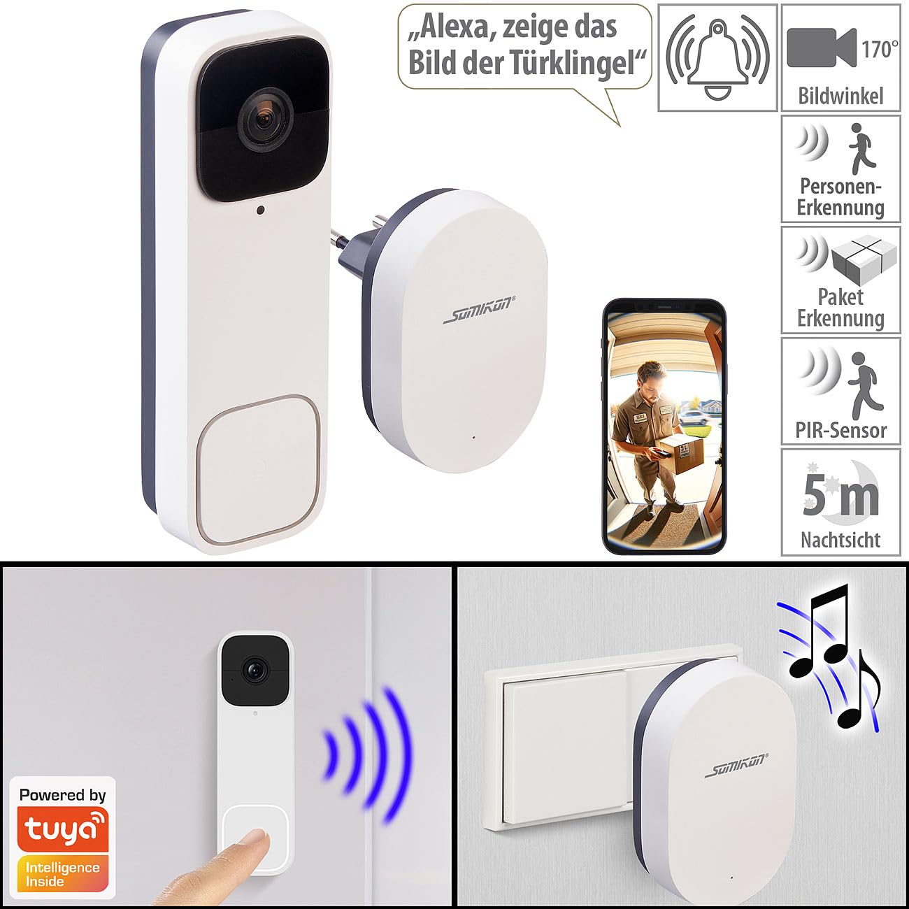 Somikon Klingel mit Kamera: Kabellose WLAN-2K-Video-Türklingel, 170°, KI-Paket-Erkennung, PIR, App (Türklingel mit Kamera, Sprechanlage, SD)