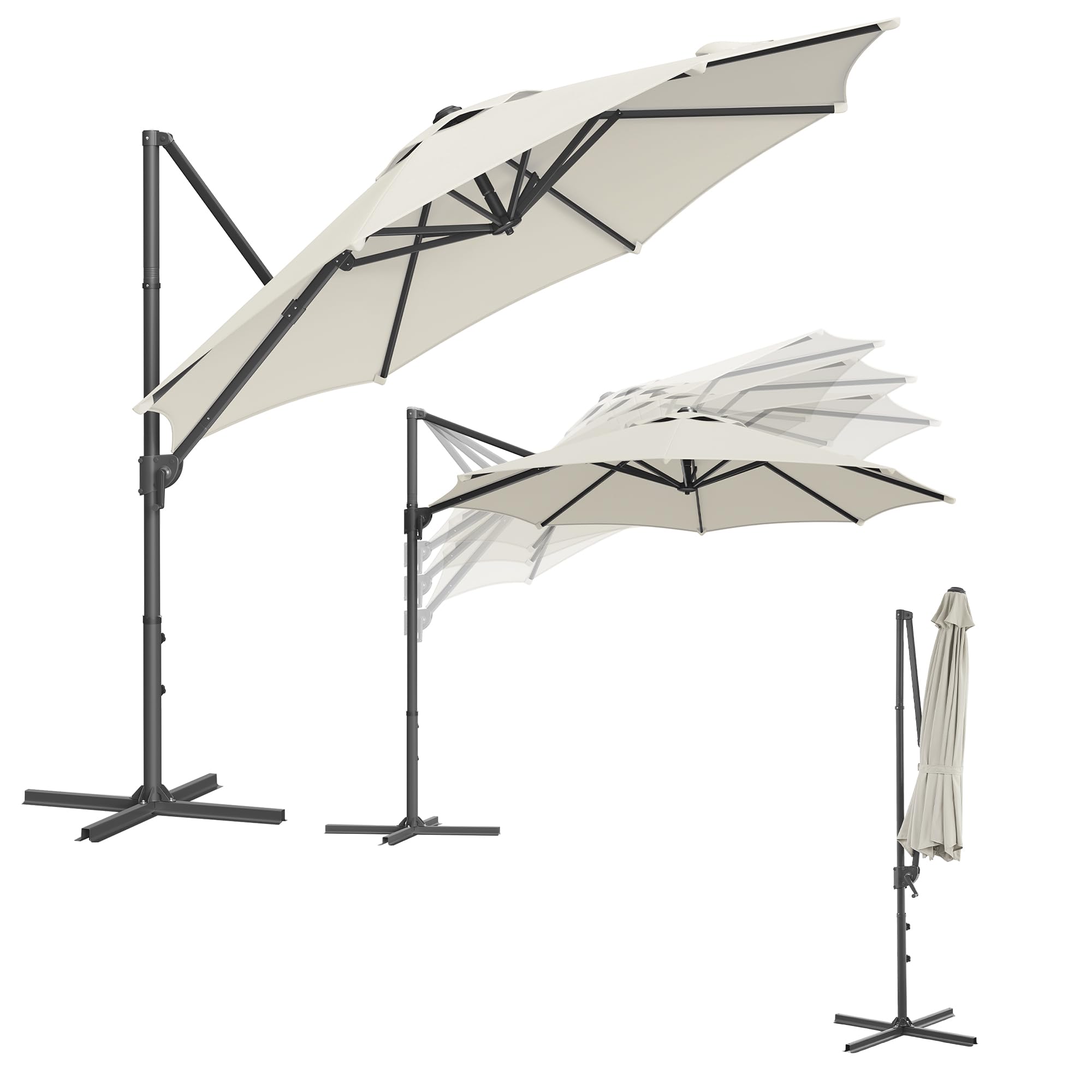 SONGMICS Parasol de Jardin 300 cm, UPF 50+, Parasol d’Extérieur, Parasol de Terrasse, Pivotant à 360°, Inclinaison Fluide, Manivelle, avec Base en Croix, Blanc Crème GPU074Y10