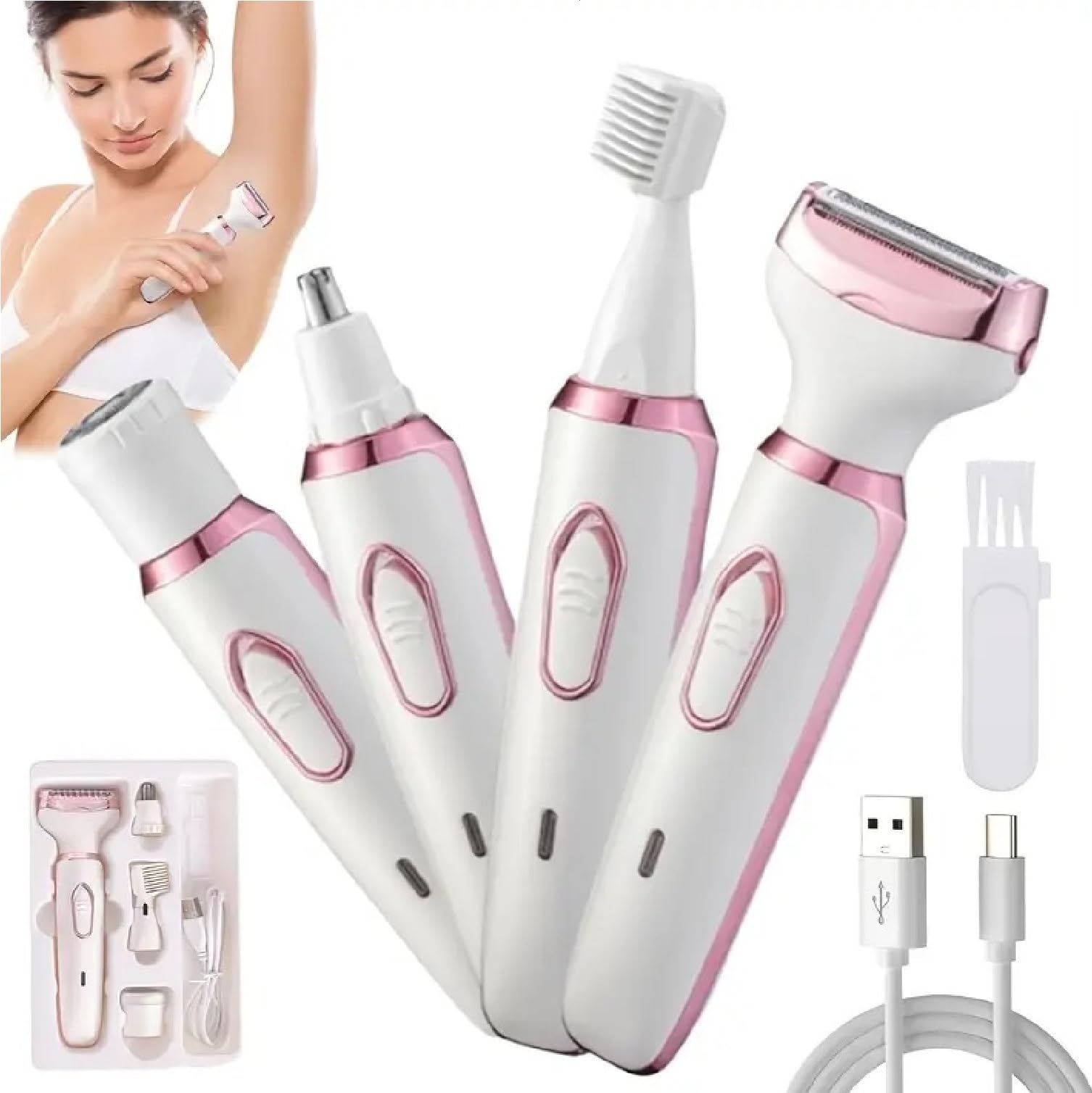 4-in-1 Multi Trimmer for Women Shaver Electric Facial Razor, Rechargeable Cordless Multipurpose Hair Remover Shaver Face, Leg, Eyebrow, Underarms, Bikini Trimmer, 60 minutes Runtime, White