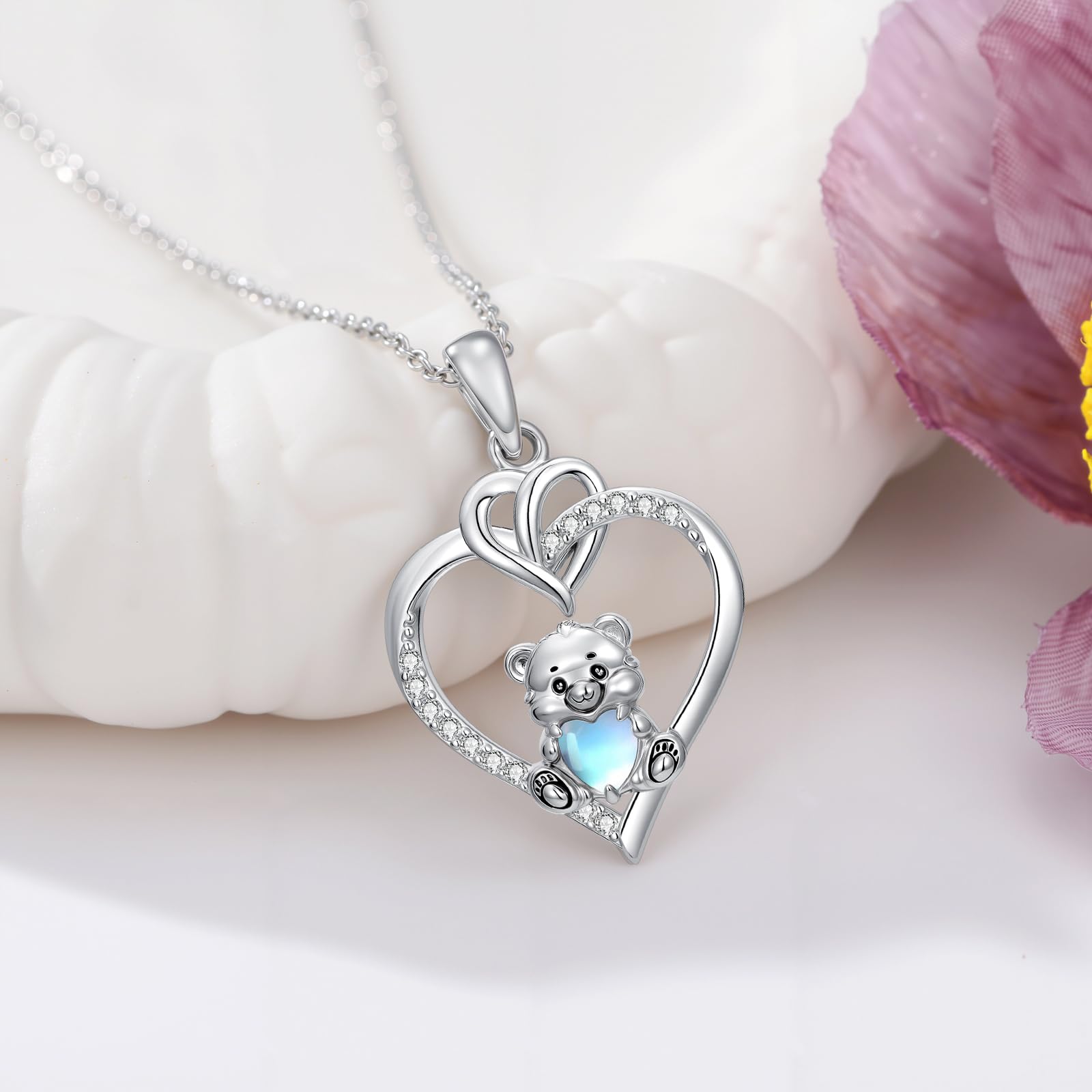 ROMANTICWORK Süße Tier Halskette mit Mondstein 925 Sterling Silber Herz Anhänger Tier Schmuck Jubiläum Geburtstag Weihnachts Geschenke für Frauen Frau Tochter