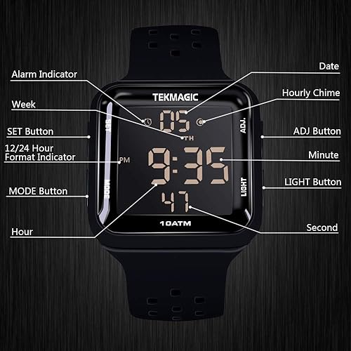 Miniatura 9 de Reloj de buceo resistente al agua de 328.1 ft con cronómetro, funciones de reloj despertador, pantalla de hora dual, formato de 1224 horas, Negro -,