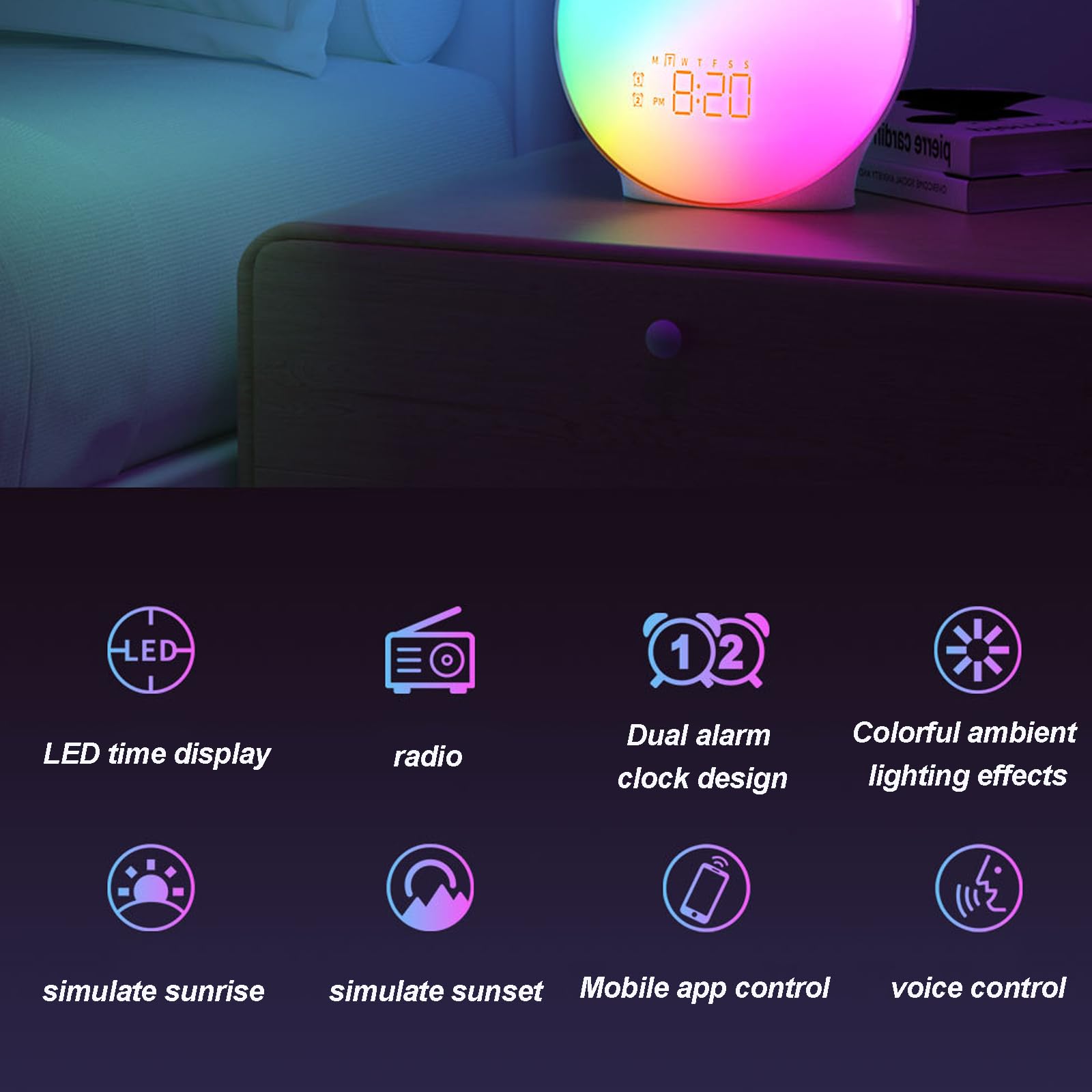 TsoLay Wake Up Light Sunrise Reloj Despertador, Wake Up Light con Simulación De Amanecer/Atardecer, 7 Sonidos De Alarma, 16 Niveles De Volumen Y 20 Niveles De Brillo De Iluminación Ajustables