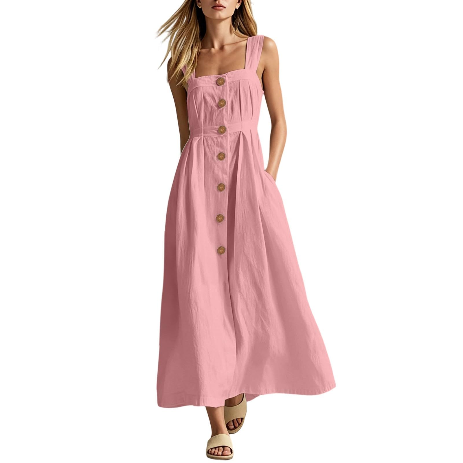Vestido de verano para mujer, vestido de muselina con cuello halter para mujer, vestido informal de verano con bolsillos, línea A, vestido de volantes, ligero y aireado, vestido de playa, sin mangas
