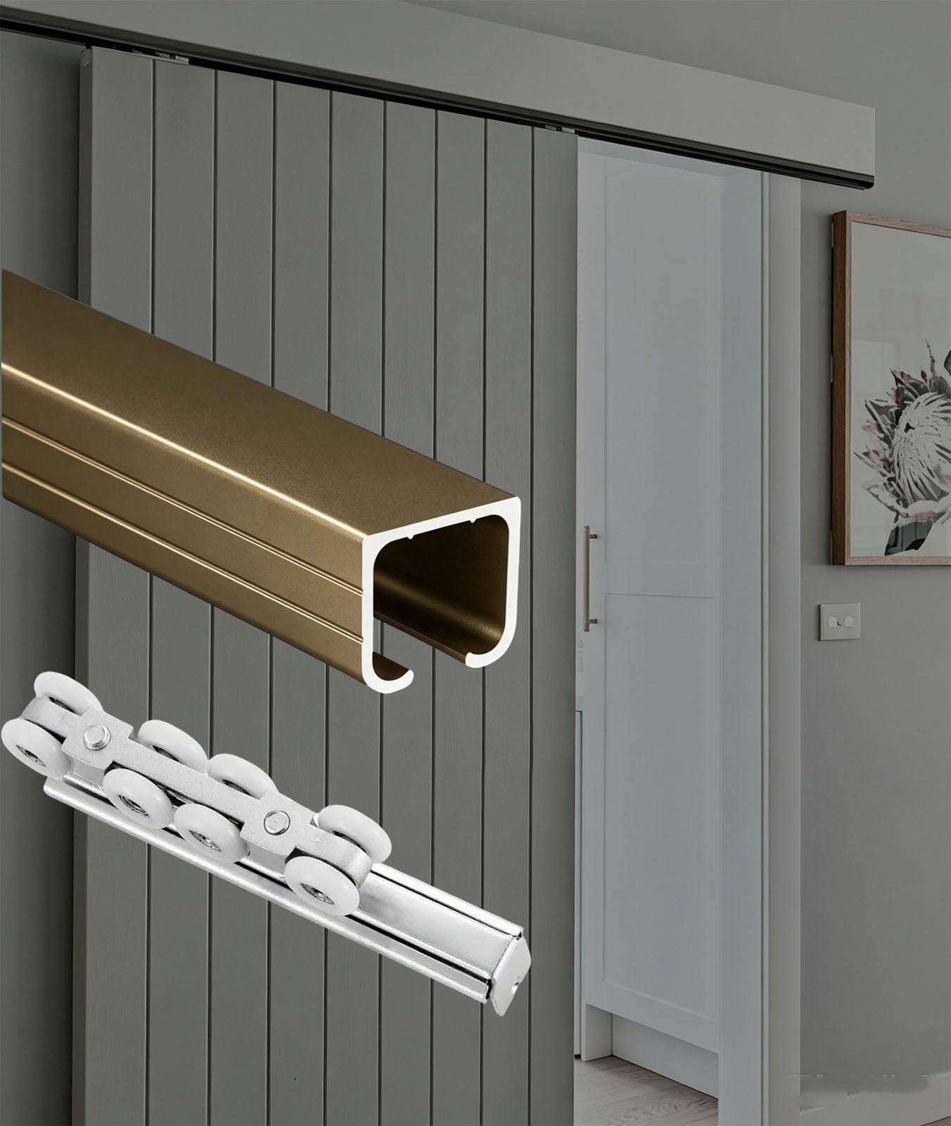 HDYZJQ Single Sliding Door Track 100 150 200 250 300 400 500 Cm, Ceiling Mount Barn Door Hardware Kit, Heavy Duty Doors Rail System for Closet/Garage Doors(Gold,550cm/18ft)