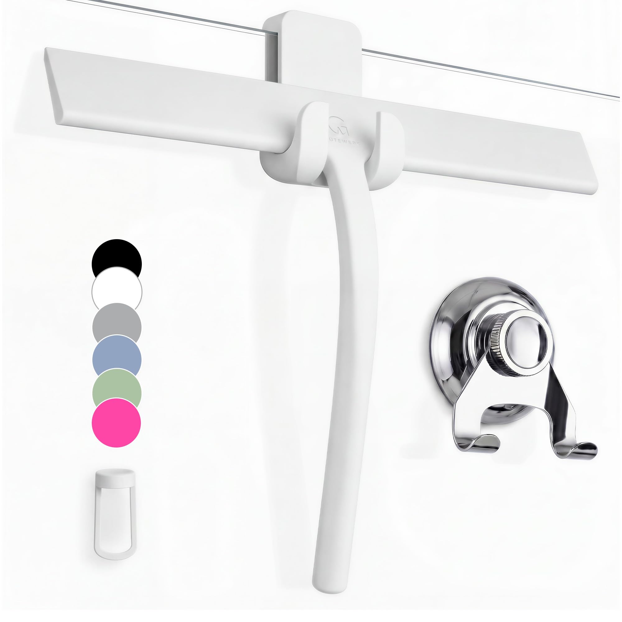GÜTEWERK Silicone Shower Squeegee for Glass Doors & Mirrors with Stainless Steel Core, Streak-Free & No-Squeak Window Cleaning, 3-in-1 No-Drill Mount (Hook/Suction/Adhesive), White, 28cm
