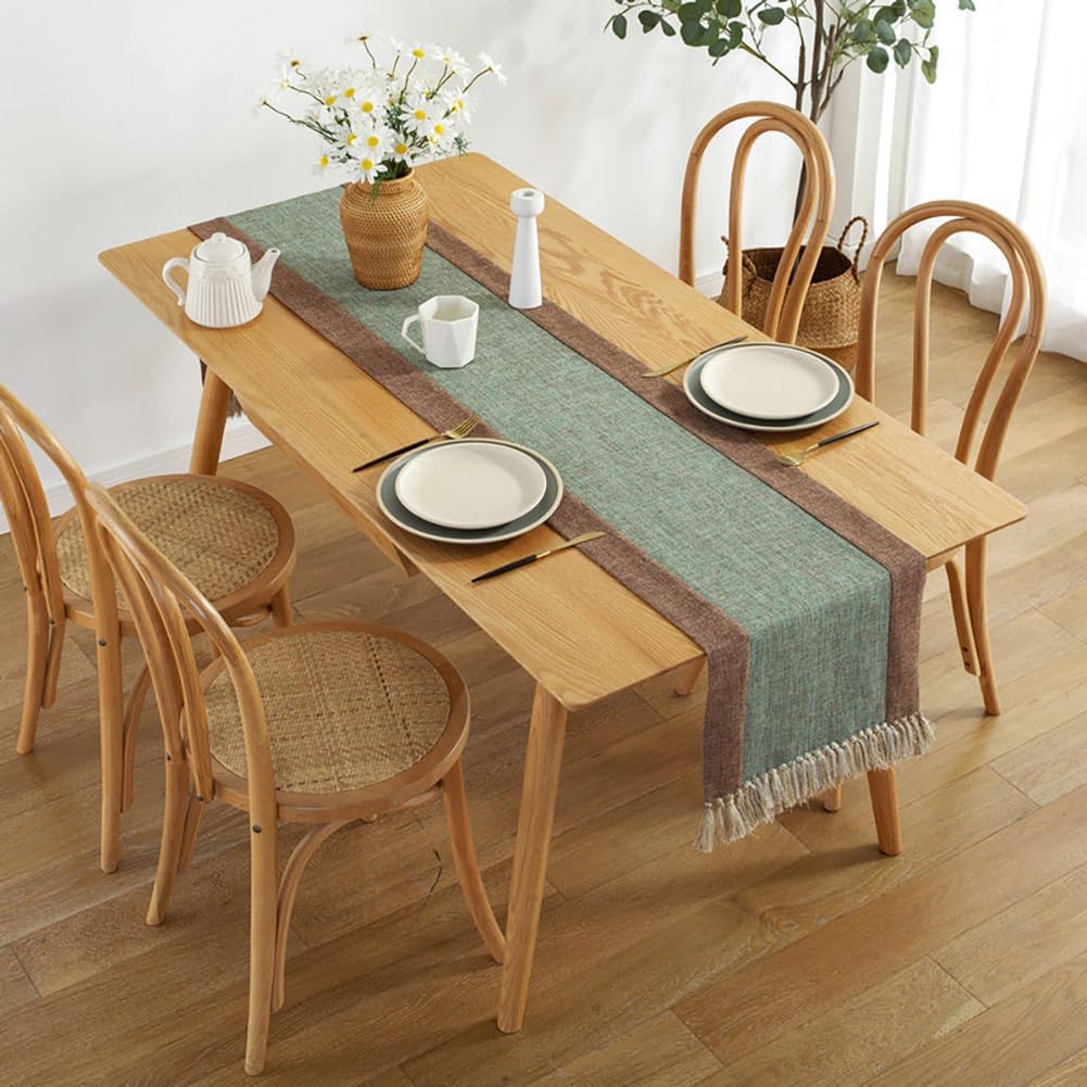vctops Cotton Linen Table Runner Farmhouse Greenic Rectangle Table Runners with Tassel Dresser Scarf for Dining Kitchen Party Picnic Tabletop Decorative (Green,15"x71")