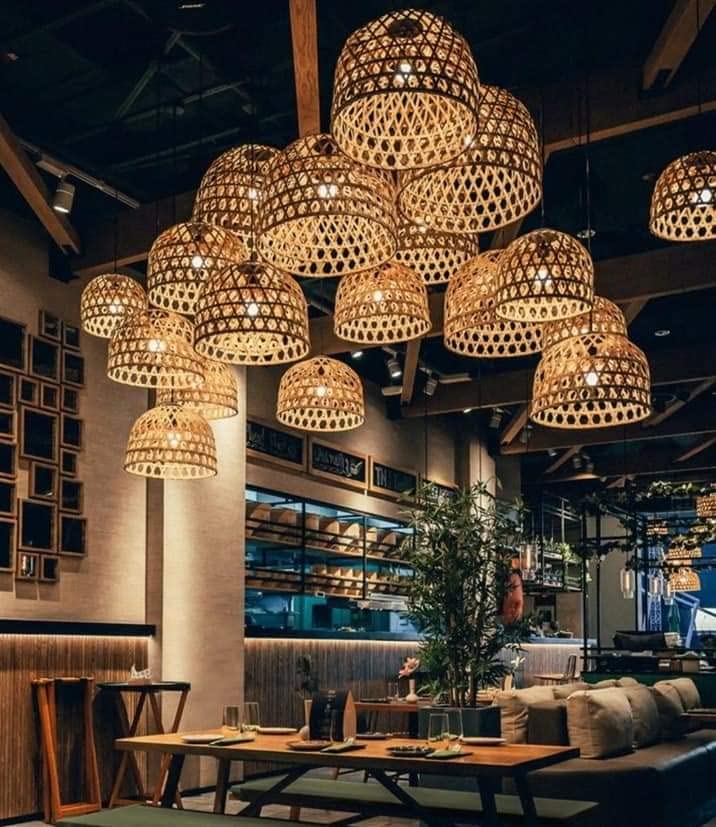 Bamboo Lampshade | Pendant Lamp | Boho Lamp Shade | Cane Lampshade | Rattan Lamp Shade | Hanging Light for Home Office/Living Room/Hotel/Cafe/Restaurant decoration | Color-Beige/Size-26x21 Cm - Image 5 thumbnail