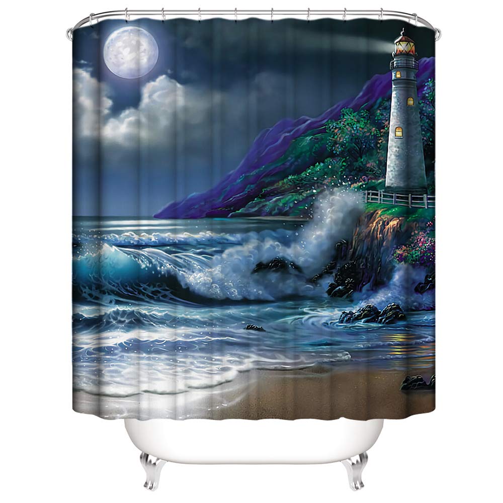 Shocur Lighthouse Shower Curtain, Coastal Mountains and Night Ocean Wave Moon Painting, 72 x 72 Inches Polyester Fabric Bathroom Decor Set with 12