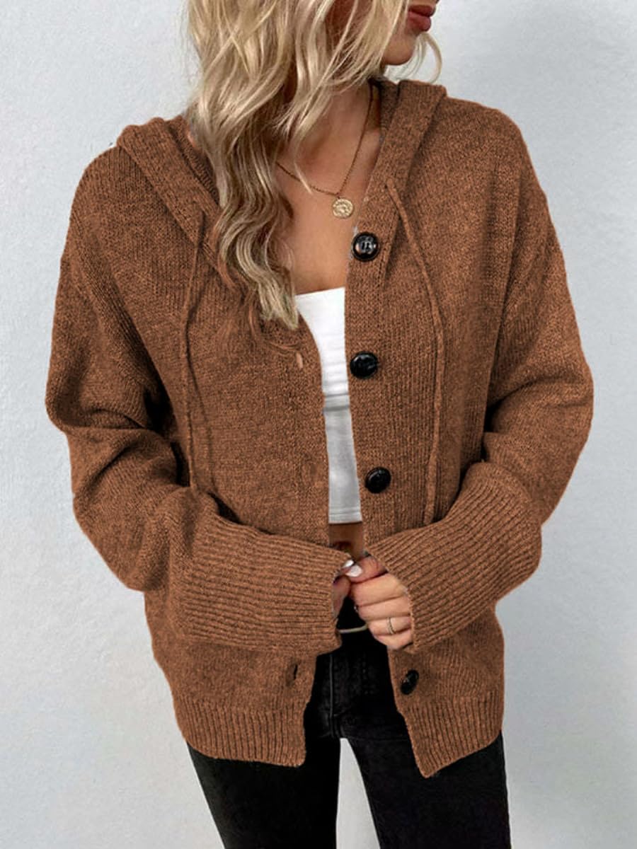 Cardigan à Manches Longues et Capuche pour Femme Elégant Pull Tricoté Gilet avec Boutons Décontracté Manteau