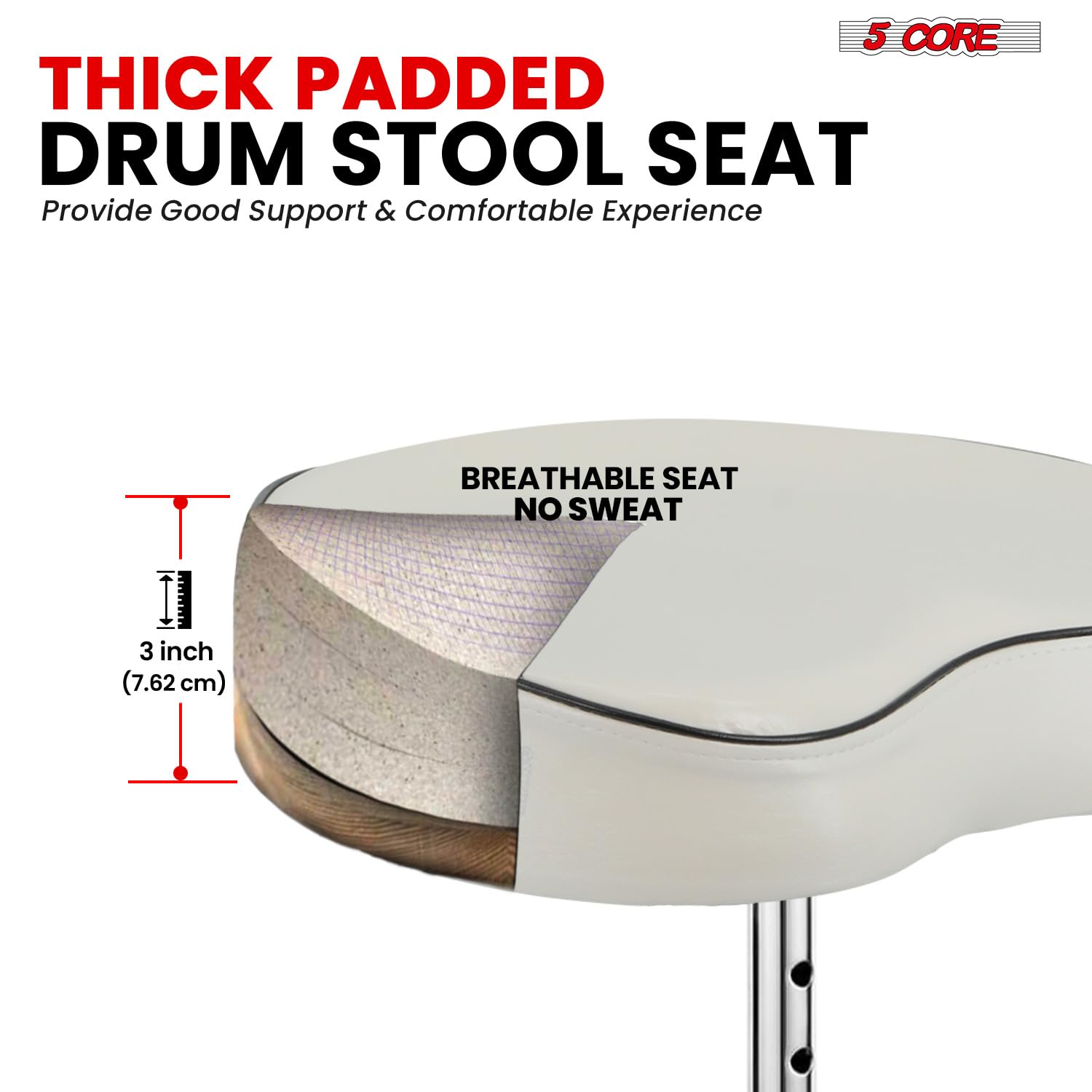 5 CORE Drum Throne Thick Padded Comfortable Guitar Stool with Memory Foam Adjustable Padded Keyboard Chair Metal Piano Stool Premium Musician Chair White DS CH WH SDL