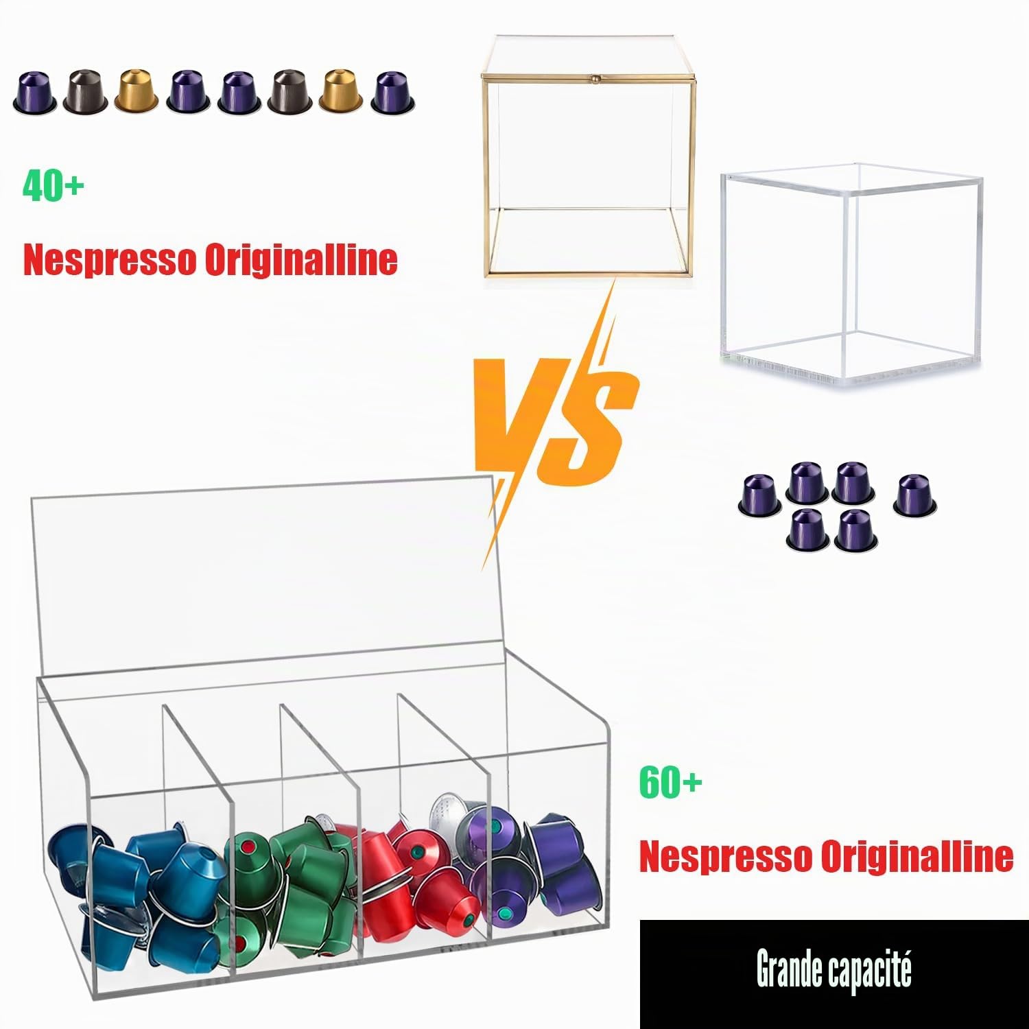 Grand support de dosettes de café, distributeur de capsules en acrylique transparent avec compartiment, boîte de rangement en plastique avec couvercle pour toutes les dosettes de café,
