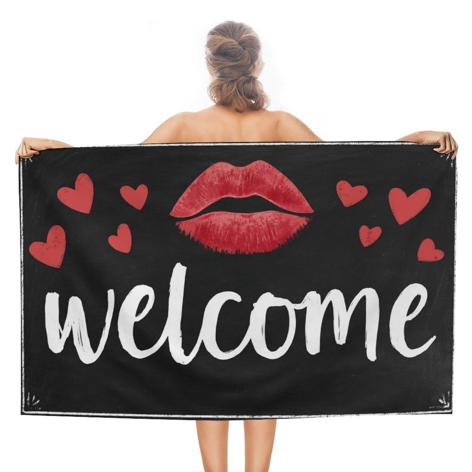 LSRCPD Text Welcome And Red Lipstick Kiss Mark Beach Towel Sand Free Microfiber Large Shower Towels Multipurpose Absorbent for Bathroom Pool 130x80 CM
