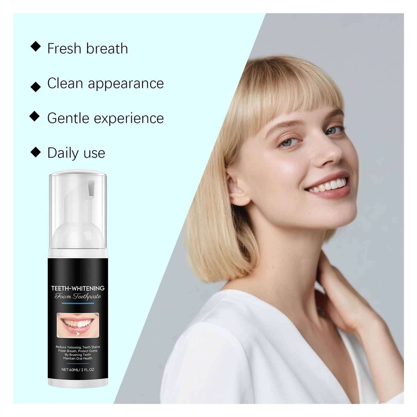 Pasta de dientes espumosa 60ml | Fórmula en espuma mousse, limpieza suave de los dientes, limpiador de lengua, cuidado bucal diario(3pcs)