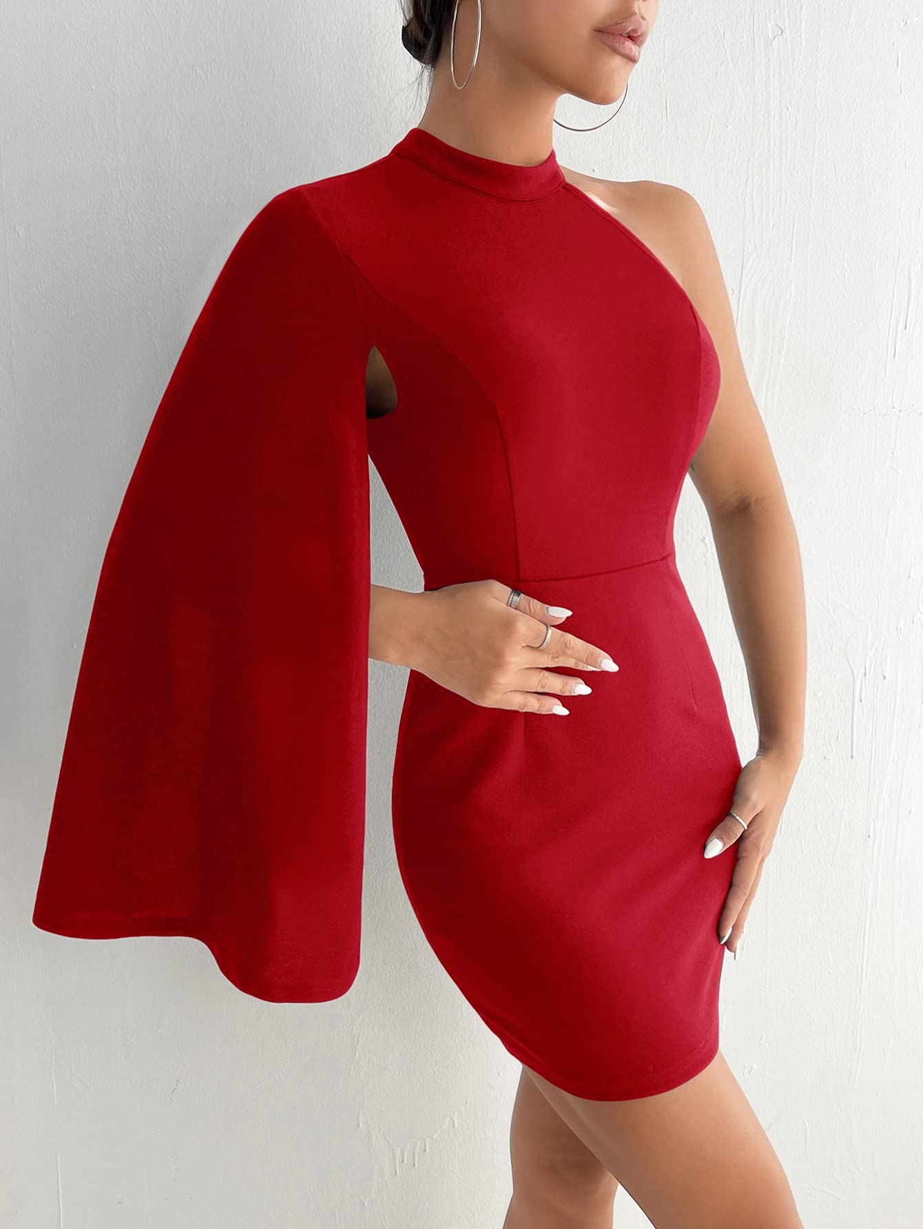 Amazon.com: Women's Dresses Asymmetrical Neck Cloak Sleeve Bodycon Dress  Dress for Women(Red,Medium) : Clothing, Shoes & Jewelry