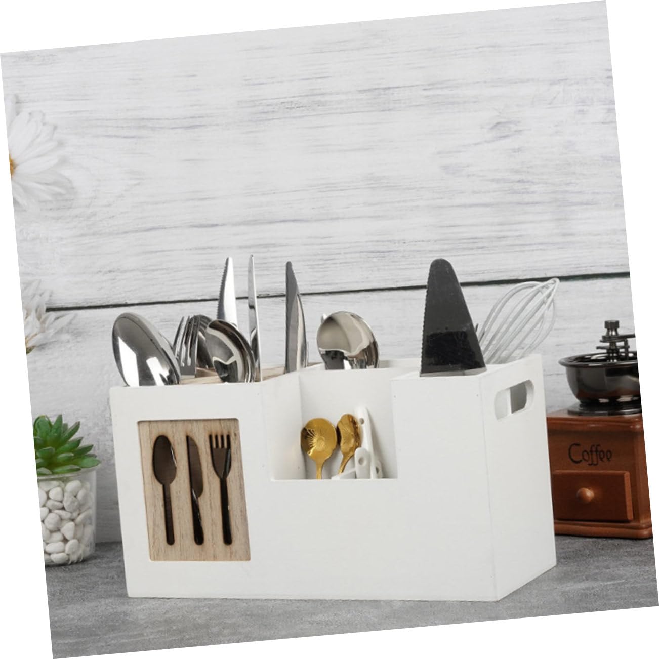 Caja de Almacenaje y Fácil de Limpiar Organizador Resistente a Rayaduras para Cubiertos de Madera Clara para Utensilios de Cocina en Encimera del Hogar