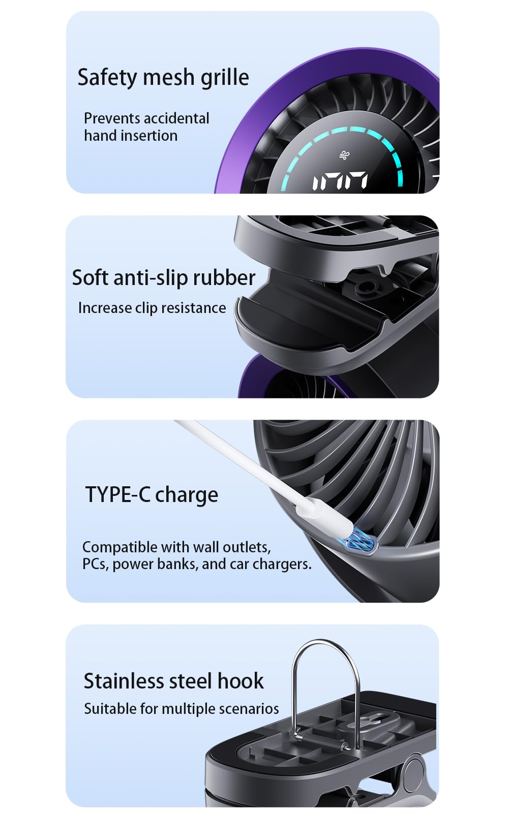 Ventilatore per passeggino ultra silenzioso 2026, 100 velocità, 5 modalità, display a LED, girevole a 360°, con gancio, per campeggio e carrozzina, ventilatore portatile da scrivania per