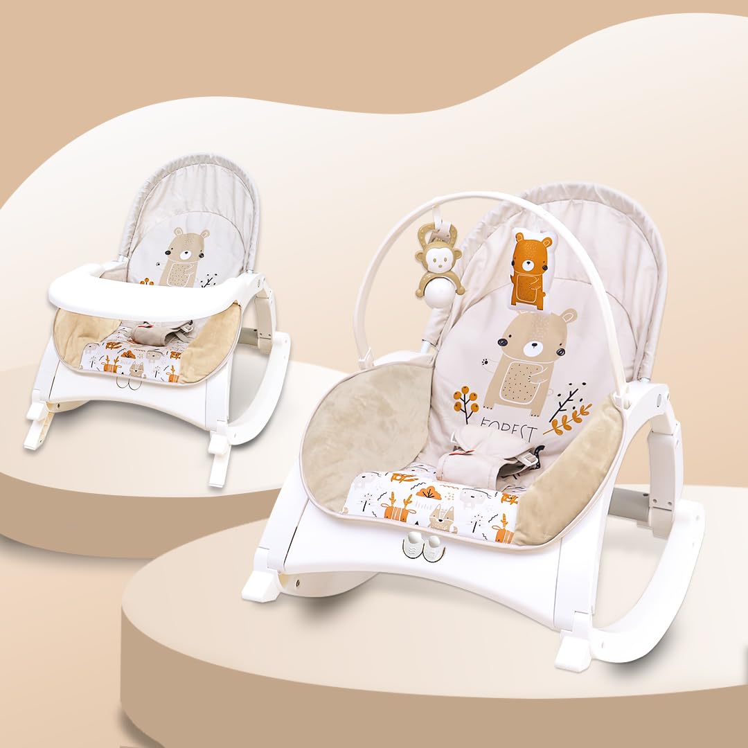 INFANTSO Baby Rocker & Bouncer for 0 to 2 Years (Beige), Chair for Newborn with Calming Vibrations, Music & Toys, 3 Position Adjustable Backrest with Feeding Tray