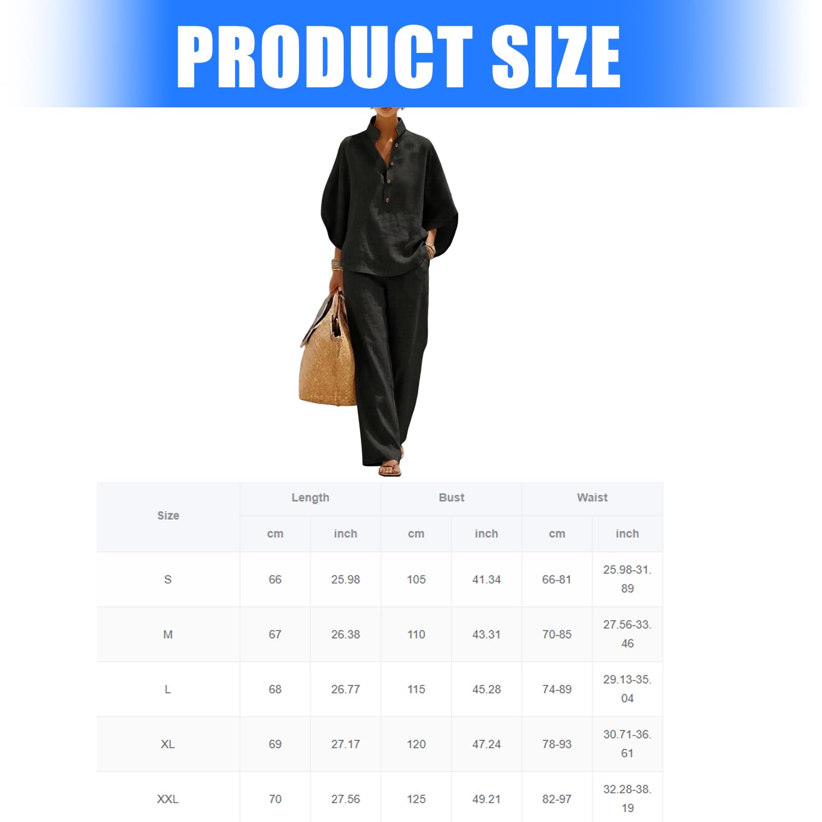 Combinaison d'été 2 pièces en lin pour femme - Élégant - En mousseline - Col en V - Chemisier et pantalon large - Avec poches - Aéré et léger - Décontracté