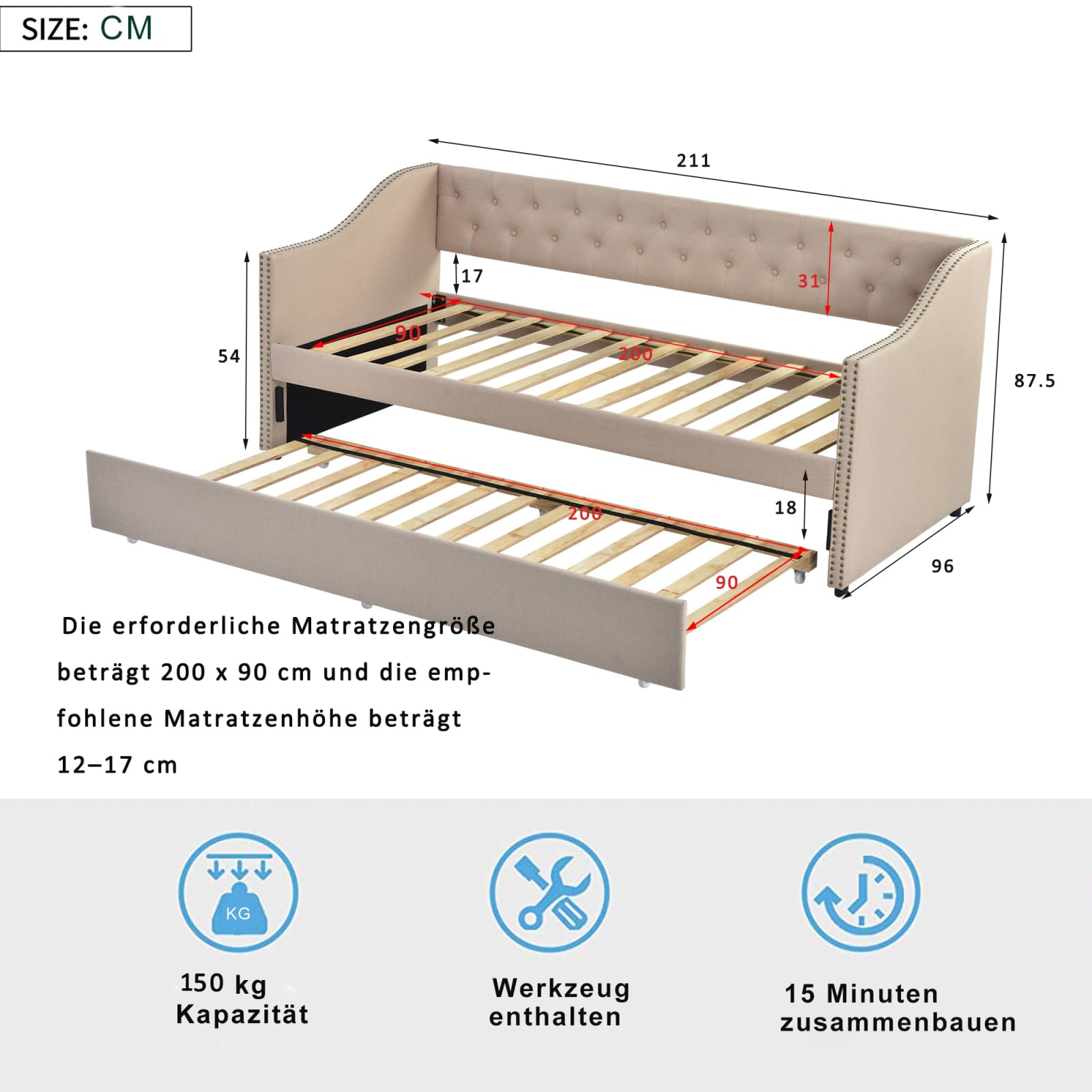 PerGar Sofá cama tapizada y extensible 90/180 x 200 cm, cama juvenil con somieres, multifunción para invitados, estructura de lino beige