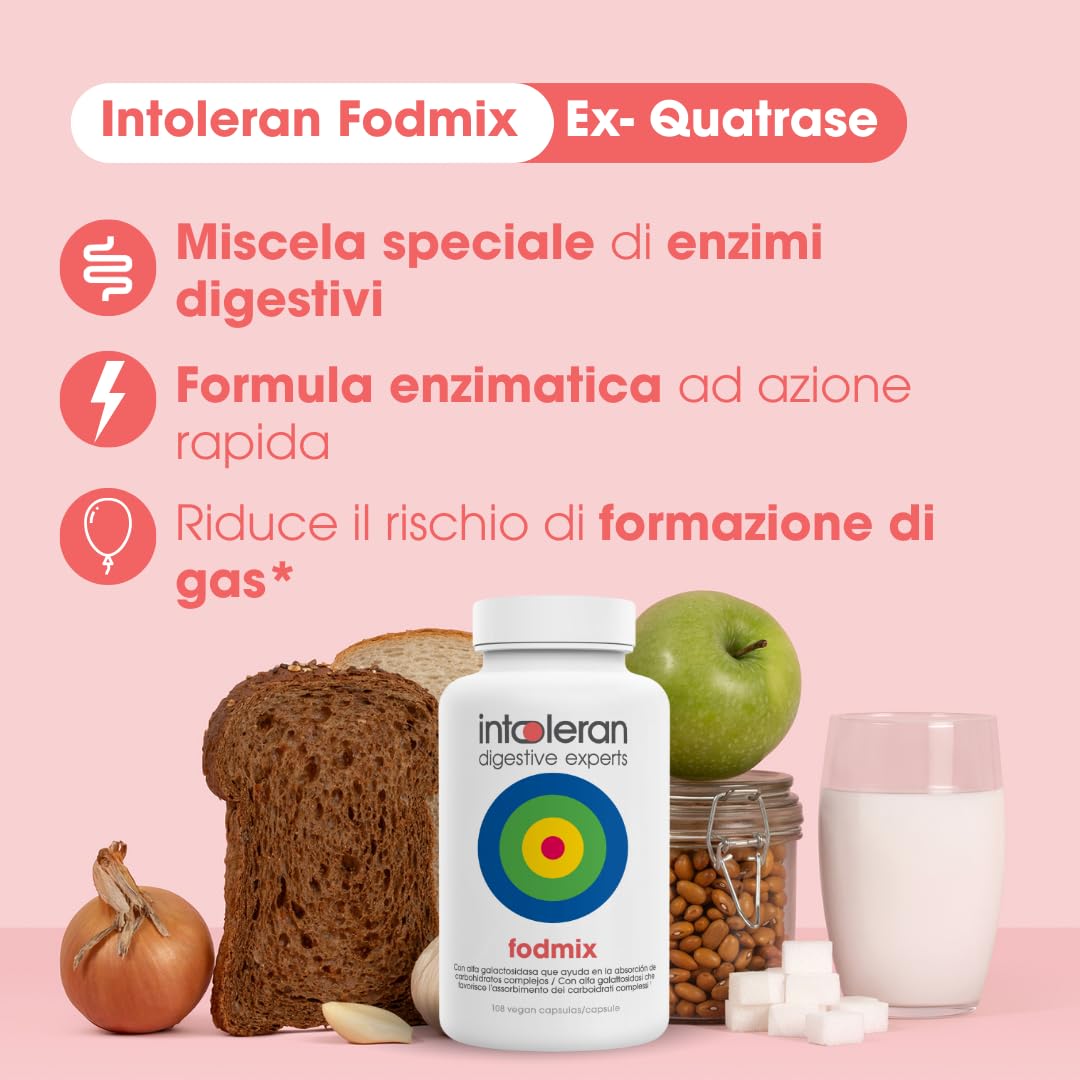 Intoleran Fodmix (Quatrase 10.000) Enzimas Digestivas - 108 cápsulas | Mezcla de enzimas altamente dosificada para FODMAP's | Ayuda en la digestión de Lactosa y Carbohidratos complejos*| Vegano