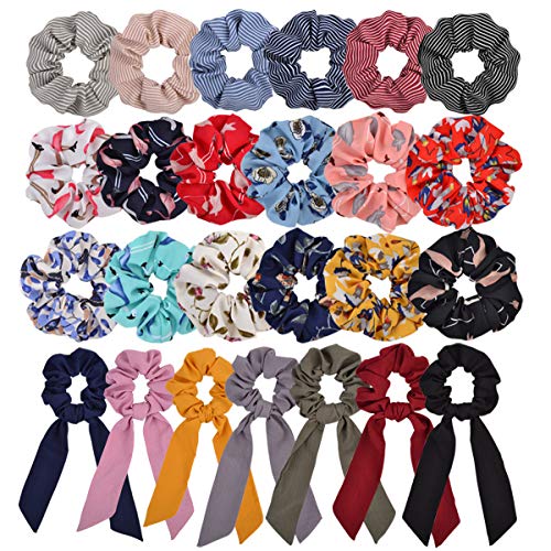 25pcs Hair Scrunchies-18pcs Chiffon Flowers Elastic Hair Bands,7pcs Ribbon Scrunchy Hair Ties Ponytail Holder Hair Accessories for Girl Women