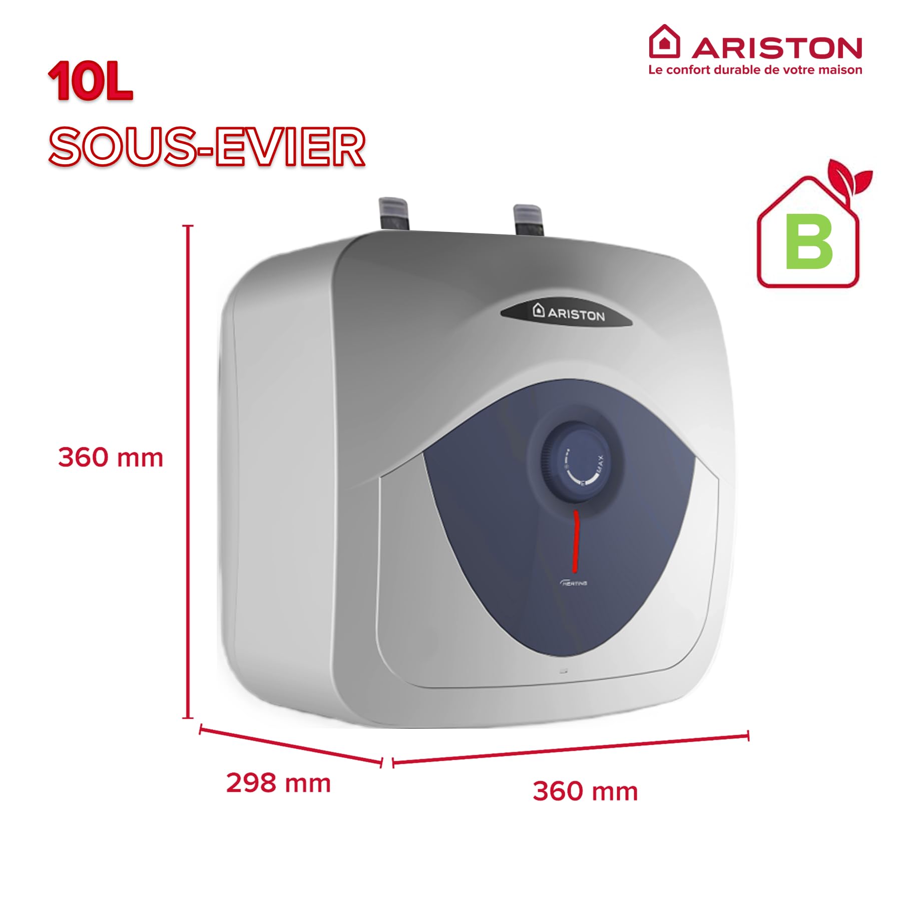 Ariston Blu Evo RS 10L - Scaldabagno Elettrico 10 Litri Compatto Sottolavandino, Potenza 2000W, Ideale Cucina o Bagno - Progettato e fabbricato per essere installato in Francia