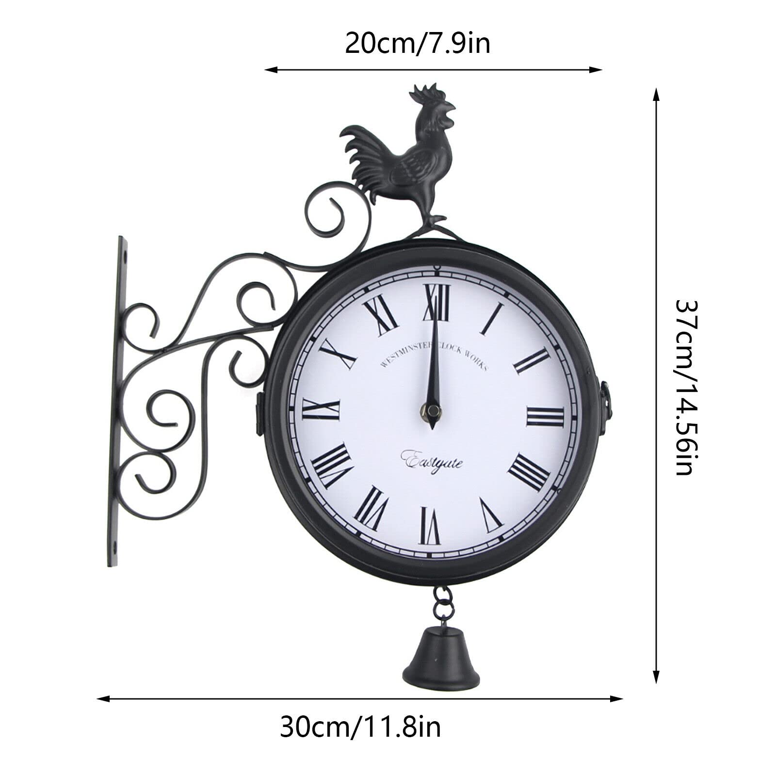 Reloj de pared retro, estilo antiguo, reloj de estación de tren de doble cara, metal redondo, para exteriores, decorativo, 30 x 9 x 37 cm, para jardín, pasillos, porche, estación de tren