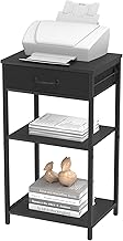 Small Printer Stand 3 Tier Printer Table for Home Office Printer Shelf with Storage Fax Printer Organizer Rack for Desk Side Shelf Stand Modern Black Nightstand with Drawer for Bedroom Living Room