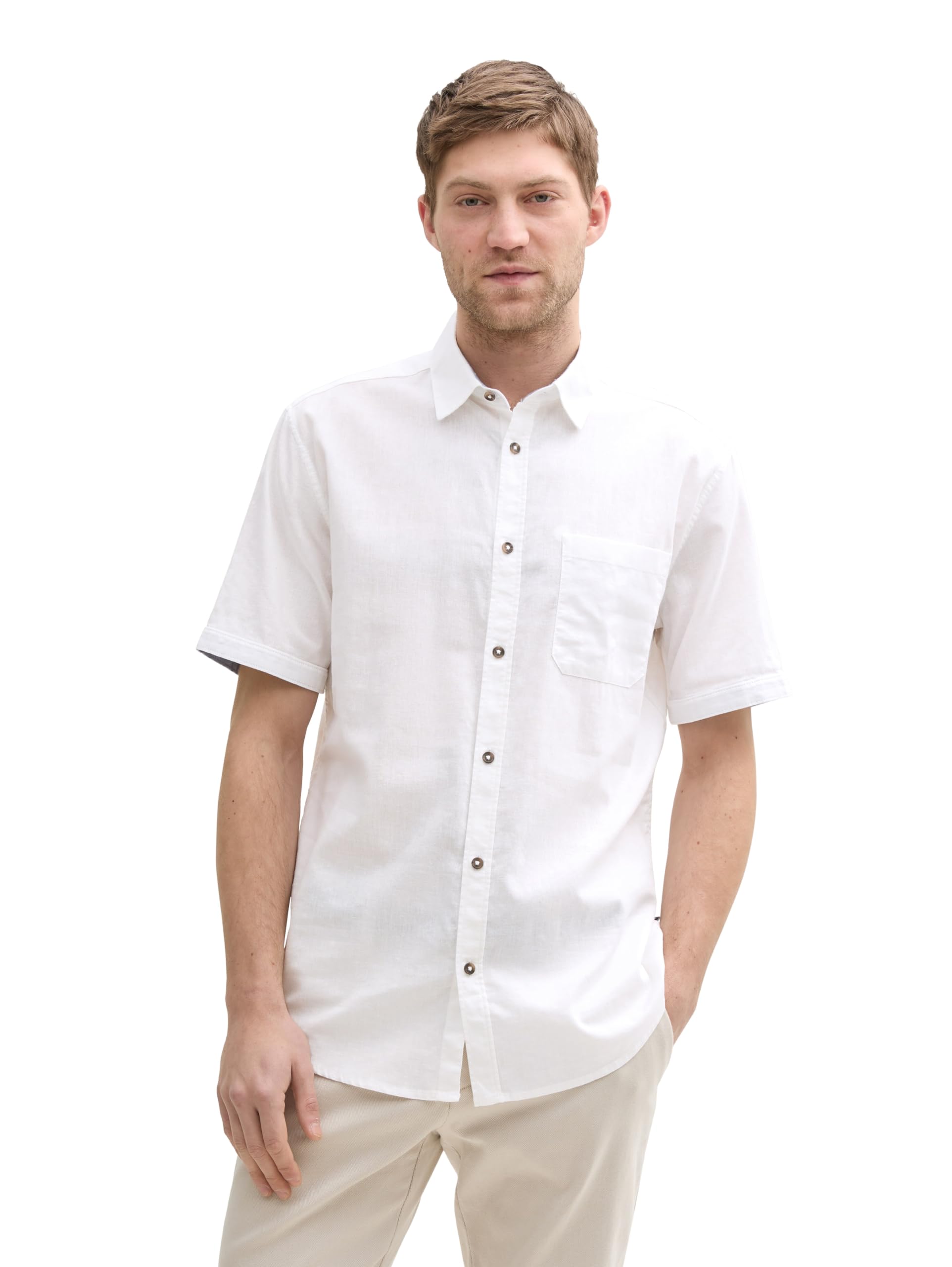 Tom Tailor Herren Regular Fit Kurzarmhemd mit Leinenanteil