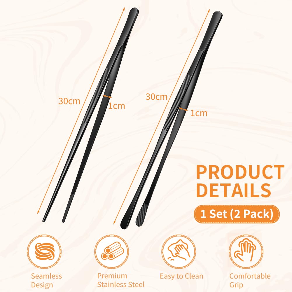 Kitchen Tweezers Tongs 2pcs, 30cm Extra-Long Non-Slip Cooking Tweezers, Stainless Steel Metal Food Tongs, for BBQ, Frying, Salad, Hot Pot, Air Fryer, Black - Straight Head + Round Head - 2