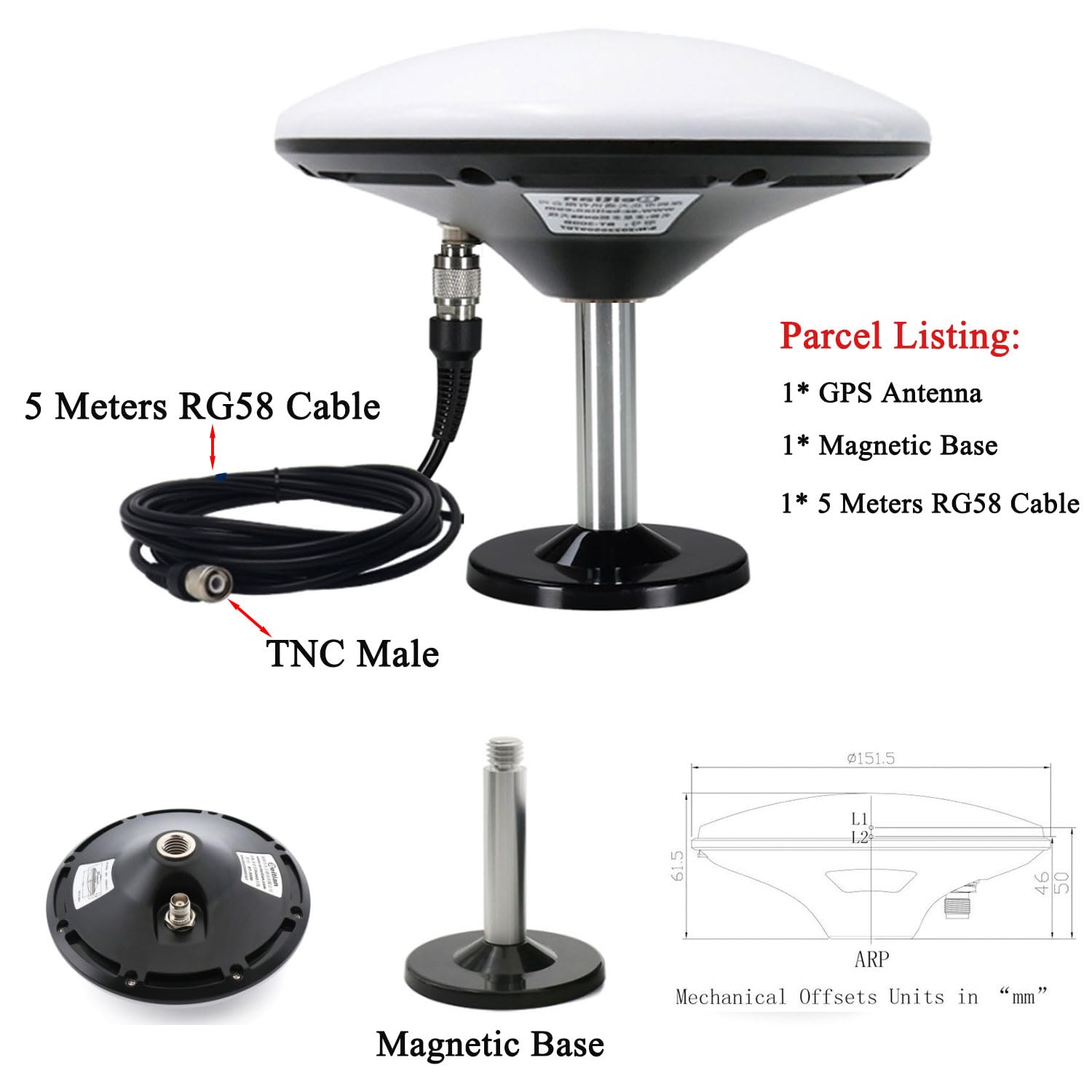 GPS Antenna, GNSS Antenna, Satellite Antenna, GPS Navigation Antenna, for Driving/Boat Ship Marine, 5m Cable with TNC Connector/Magnetic Base