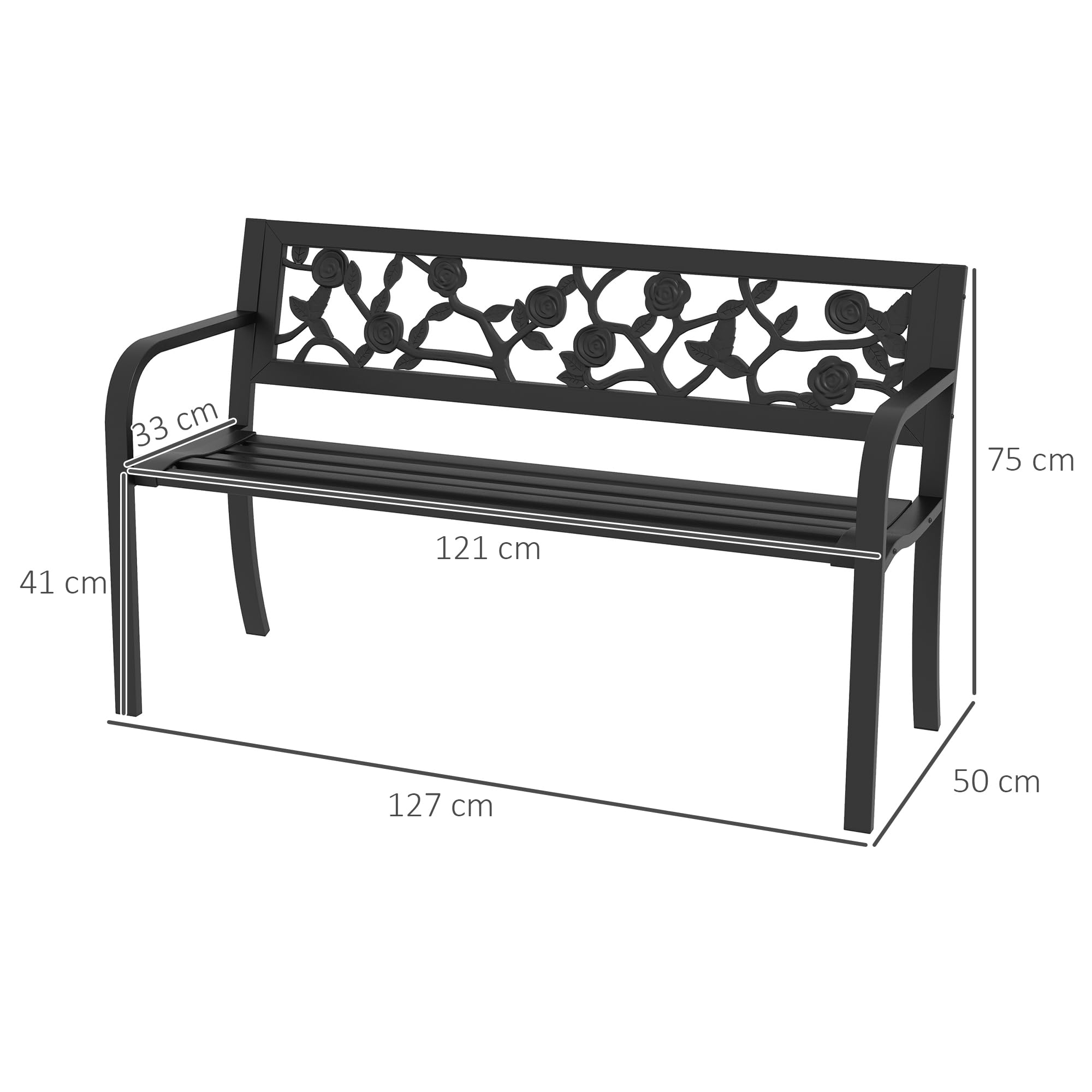 Outsunny 50" Banco Exterior de Metal, Banco 2 plazas Negro | Respaldo con patrón floral, reposabrazos curvo, invernadero, piscina, cubierta, jardín