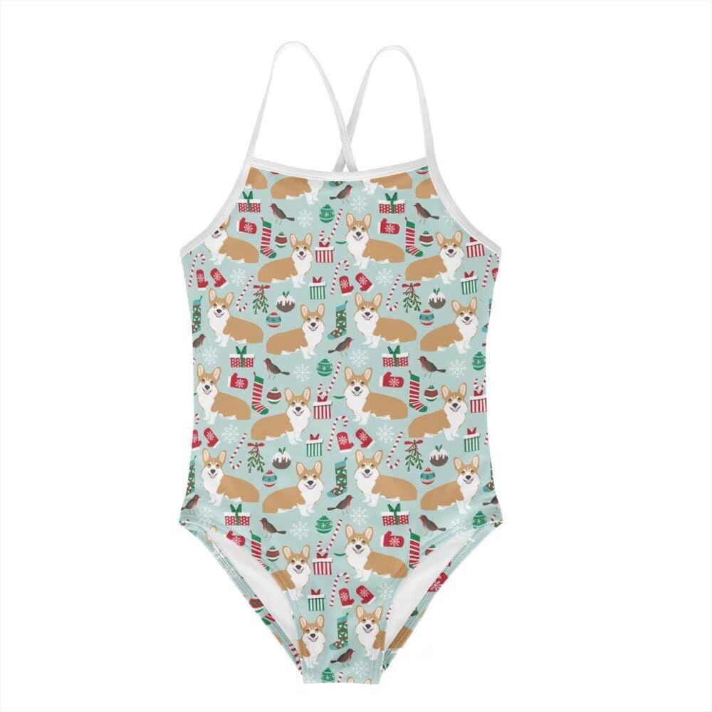 Dog Christmas Girls One Piece Swimsuits Children Cute Bathing Suit Kids Hawaiian Floral Swimwear 3-10 Years