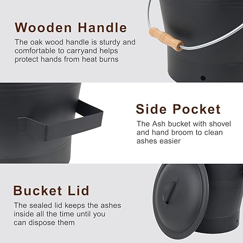 Miniatura 4 de BRIAN & DANY Cubo de ceniza con tapa, cubo de ceniza de chimenea de 2.6 galones con pala y escoba de mano, cubo de metal para chimenea, hoguera,
