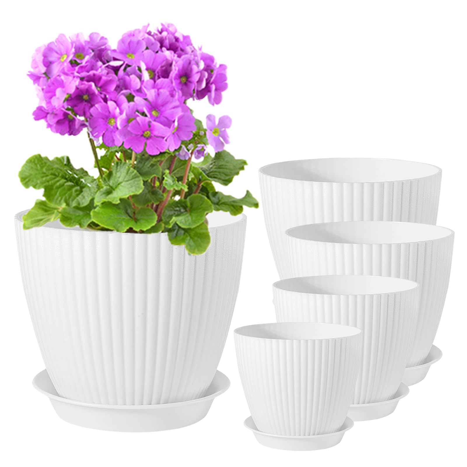PROFIKLA 18/15/14/13/11.5cm Plastic Plant Pots, Pack of 5 Flower Pots, Plant Pots with Drainage Holes and Saucers
