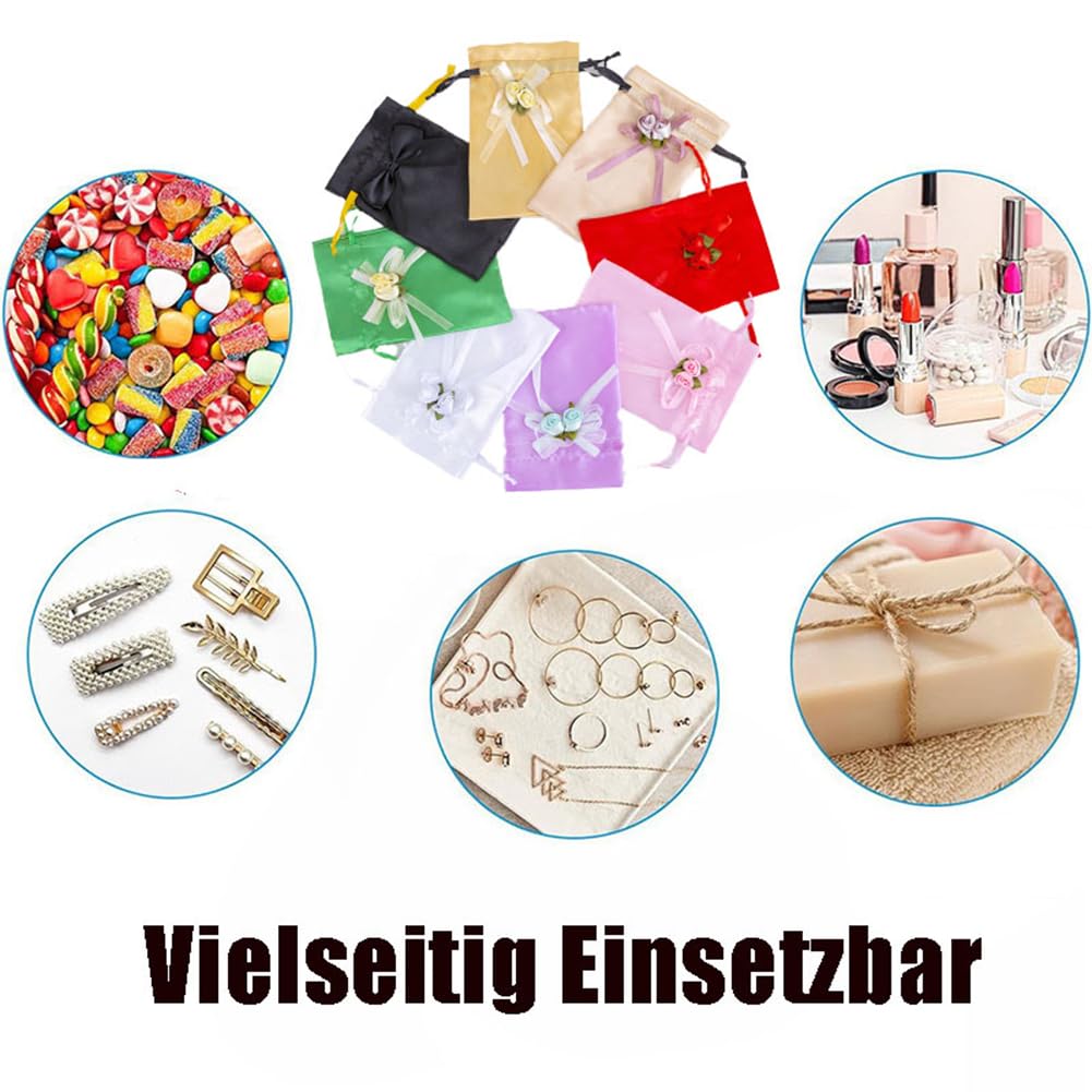 50pcs 13×18cm Geschenktüten mit Kordelzug und Blumen, Satin Schmuckbeutel Geschenkbeutel Aufbewahrungsbeutel für Hochzeit Babydusche Weihnachten Party Schmuck Süßigkeiten Weiß