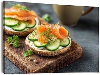 Canvas Wall Art Prints Picture Fresh bagel Salmon cream cheese cucumber Framed Large Size Artwork Wall Painting Home Decor for Living Room Bedroom Ready to Hang 24"x36"