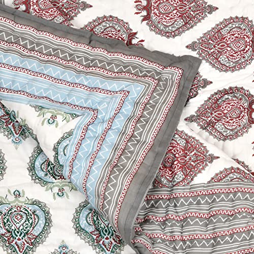 Image of BLOCKS OF INDIA Hand Block Printed Cotton King Size Quilt (90 Inch X 108 Inch) (King Quilt Grey Motifs), 300 TC