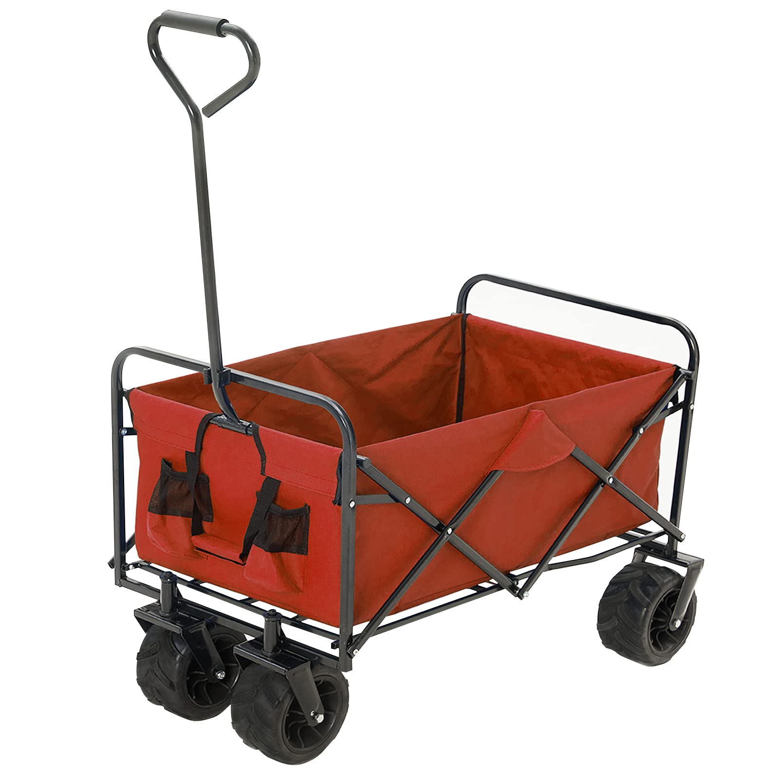 BLUU Collapsible Wagon Cart, Folding Wagon, Heavy Duty Utility Wagon, Portable Garden Beach Cart with Wheels, Adjustable Handle & Drink Holders, for Beach, Shopping, Groceries, etc, Red