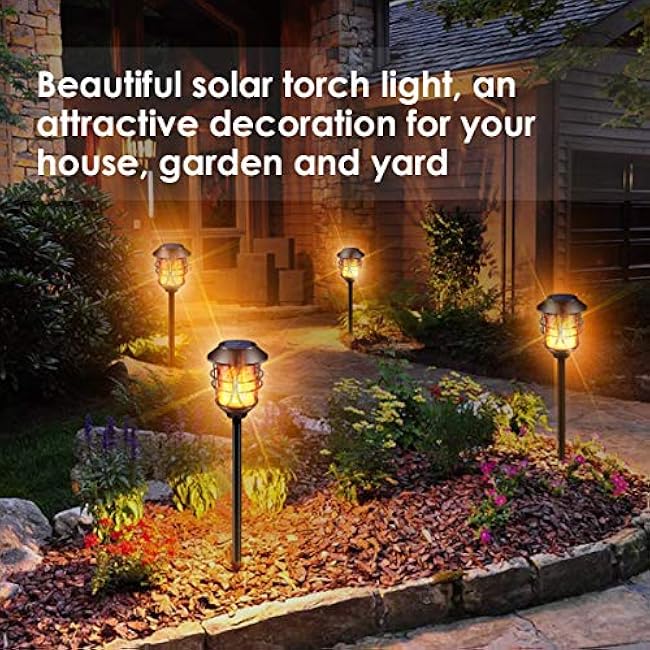 TomCare Solar Outdoor Lights Metal Flickering Flame Torches Waterproof Heavy Duty Pathway Landscape Lighting Dusk to Dawn Auto On/Off for Garden Patio Yard, 4 Pack