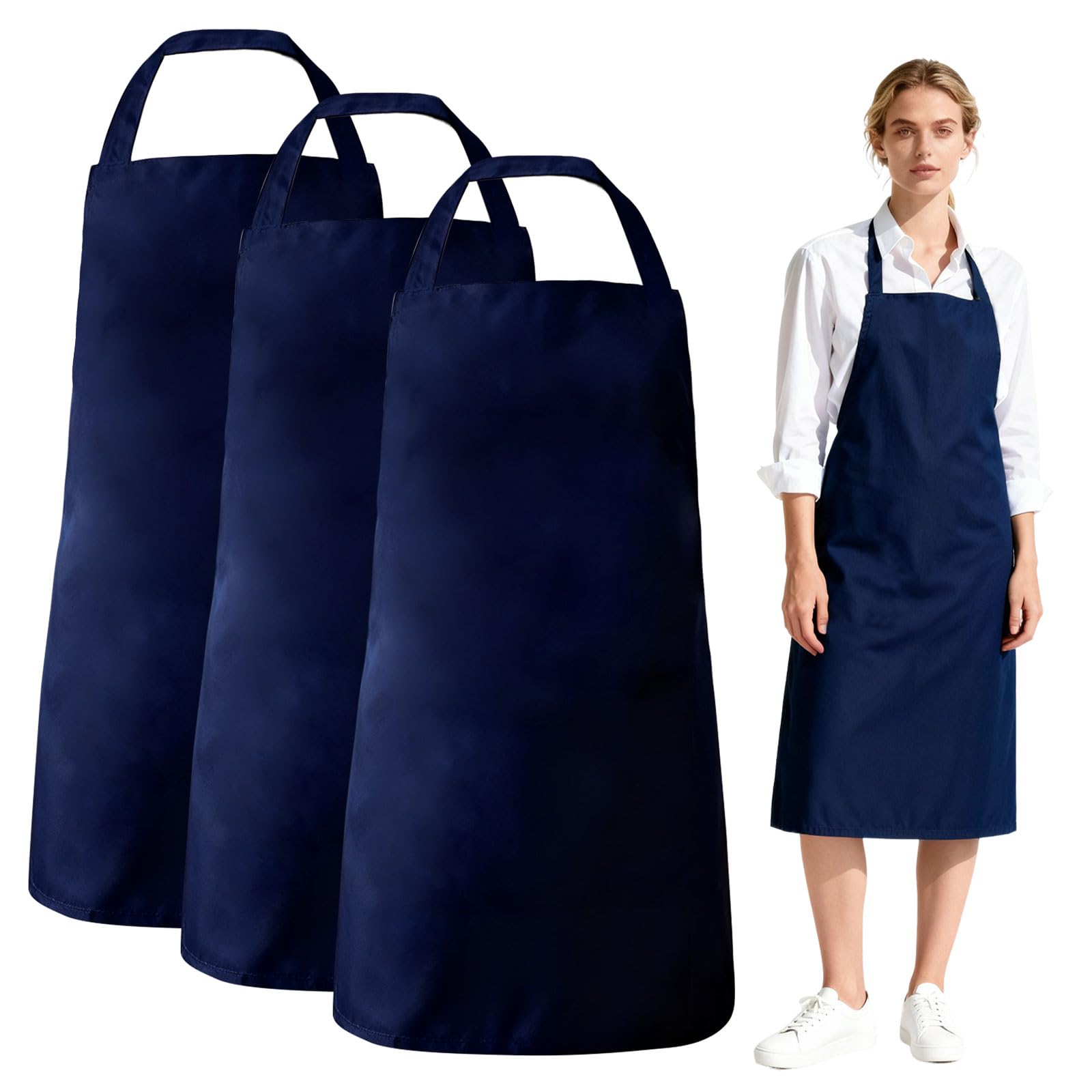 YAUOIPI 3 Pcs Bib Plain Apron, Adjustable Kitchen Chef Cooking Apron, Unisex for Home School, Restaurant, Catering, Coffee House, Baking Gardening BBQ, Arts Crafts Painting,88 * 66 cm (Navy)