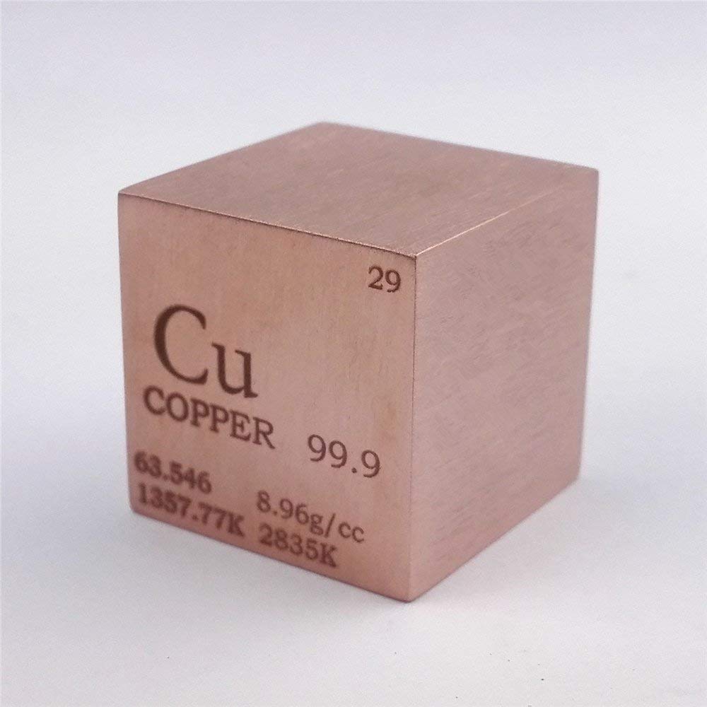 Cube de cuivre Scientific (Cu) de 2,54 mm de côté et 146 grammes. Présente les données enregistrées d'éléments chimiques