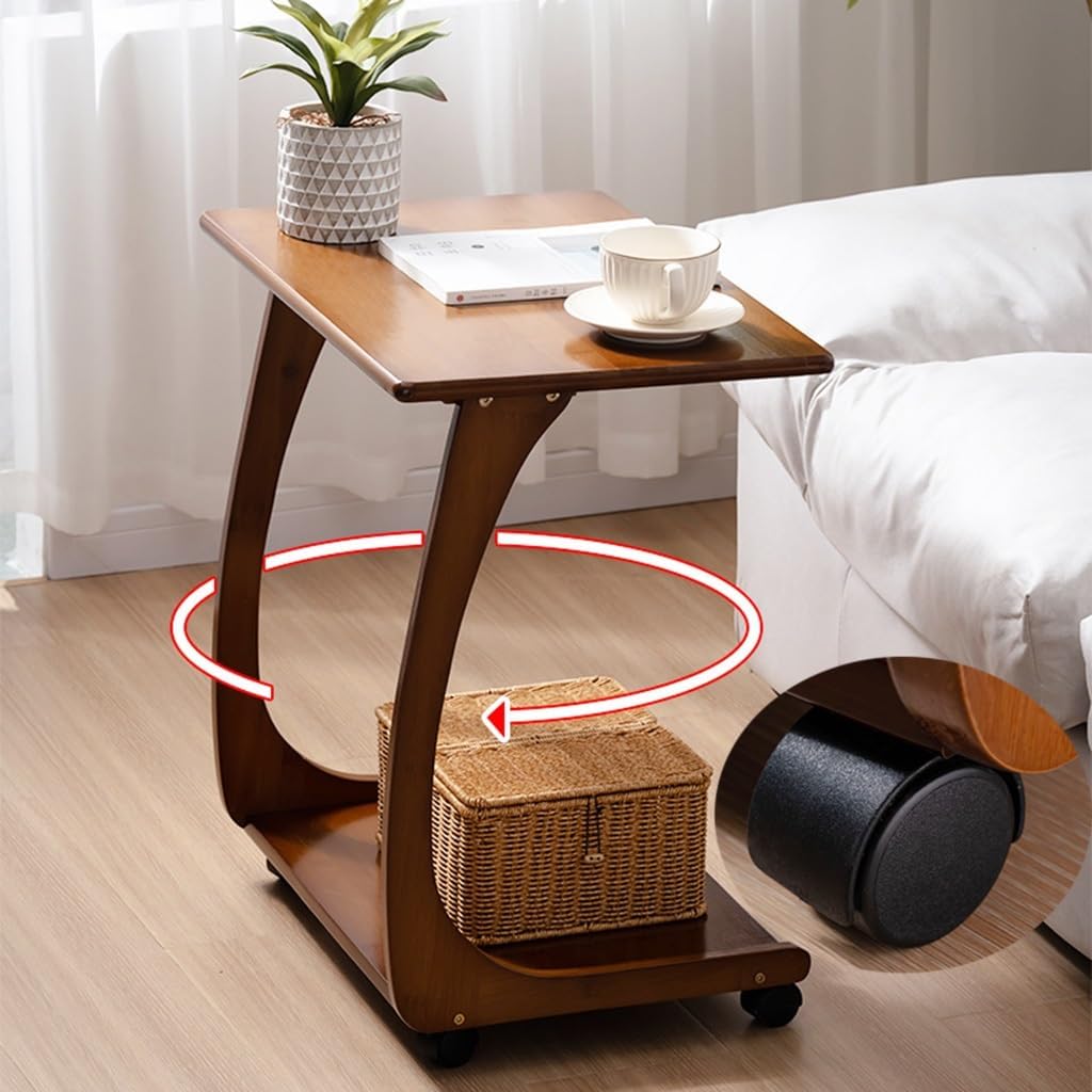 Solid Wood End Table with Rolling Wheels, C Shaped Side Table, TV Tray Table, Bed Table Rolling Tray with Storage, Couch Table That Slide Under for Small Space, Living Room, Bedroom ( Size : 60cm )