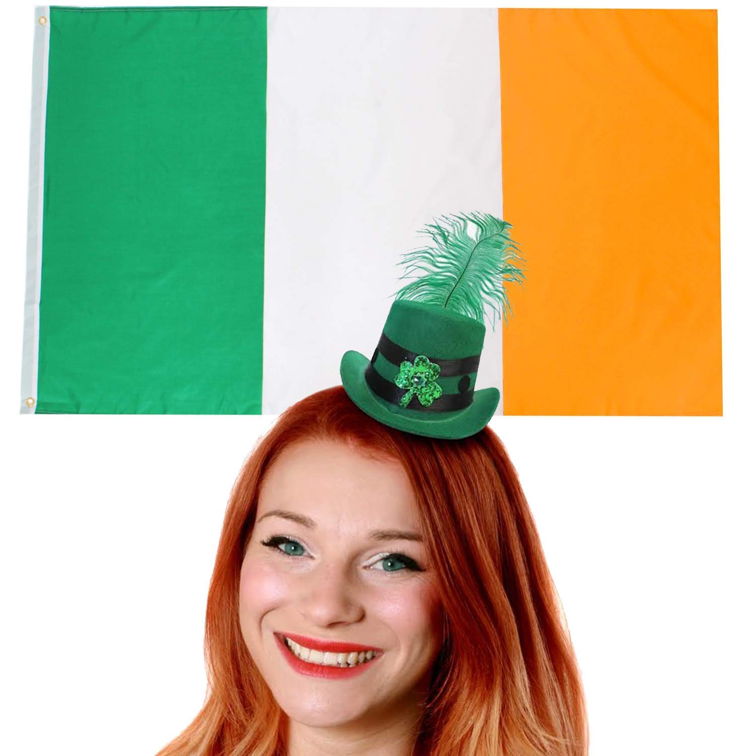 IRISH FLAG & HAT - 3X5 FT IRELAND FLAG + MINI GREEN TOP HAT WITH GREEN FEATHER - IRELAND FANCY DRESS ACCESSORY KIT - PERFECT FOR ST PATRICKS DAY OR SPORTS SUPPORTERS (ONE SIZE) โ image 1