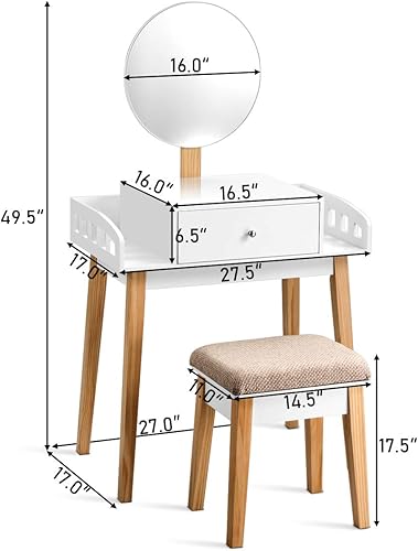Miniatura 7 de Giantex Juego de mesa de tocador con espejo redondo de altura ajustable, tocador con espejo de maquillaje con taburete acolchado, almacenamiento