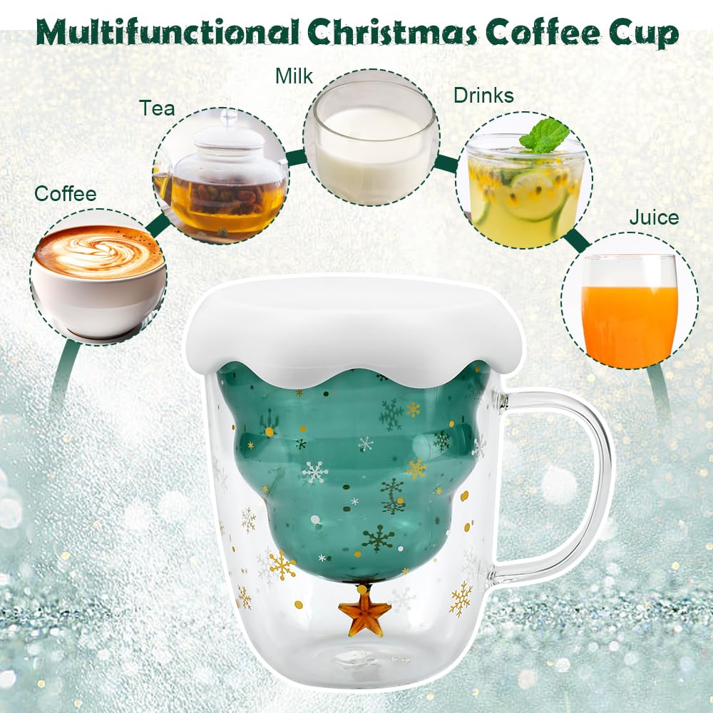 ADERTOS Tazza Natalizia a Doppio Strato Mug Natalizie a Vetro da 300ml Tazze Caffe Natalizie Tazze da Latte Natalizie con Coperchio a Fiocco Nevee e Cucchiaio Tazza da Tè a Forma di albero di Natale