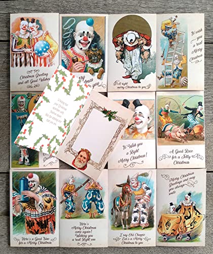 Image of PIXILUV CIRCUS CHRISTMAS (Pack of 12) Notecards Small Greeting Cards # Vintage Clowns and Circus Wishing a Merry Christmas ~ Vintage Christmas Postcards Reprint