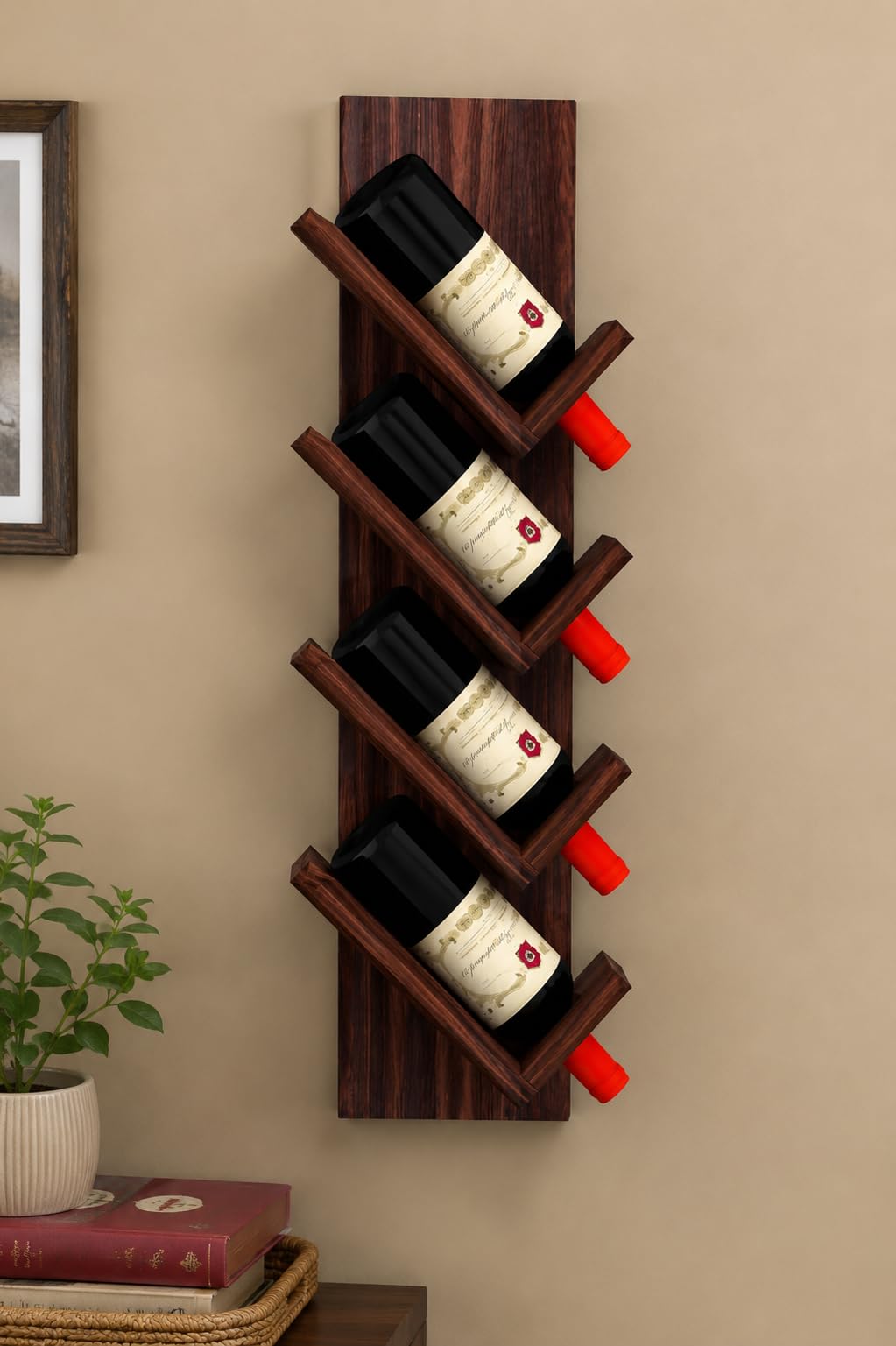 Sheesham Wood Wall Wine Rack | 4 Bottle Display Shelf | Decorative Bar Storage for Home )Wooden Wine Bottle Holder Wall Shelf | 4 Bottle Bar Cabinet Rack | Modern Home Decor Organizer-image-29
