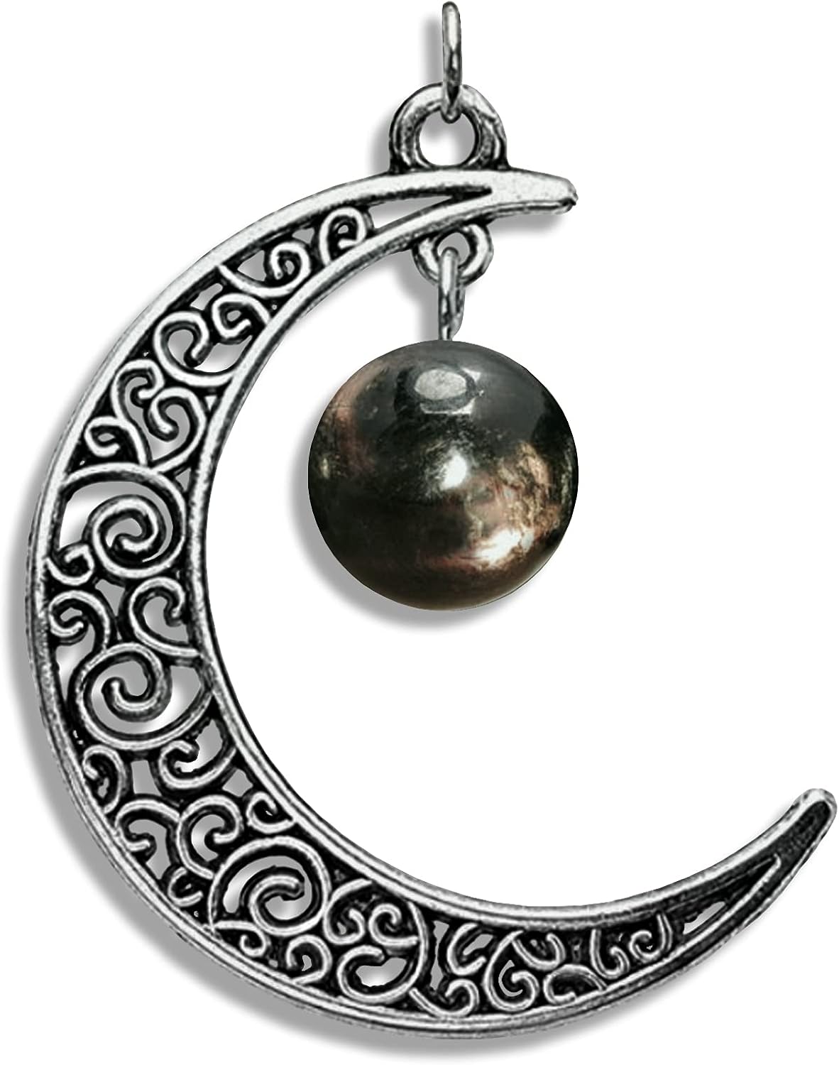 Aura Hypersthene Celtic Moon- in Antique Brass- Bronze- Copper-Silver-Gunmetal,-Enamel Black-Gold-Rose Gold Crescent Moon Black Birthstone Gemstone Bead (10MM) Pendant Necklace